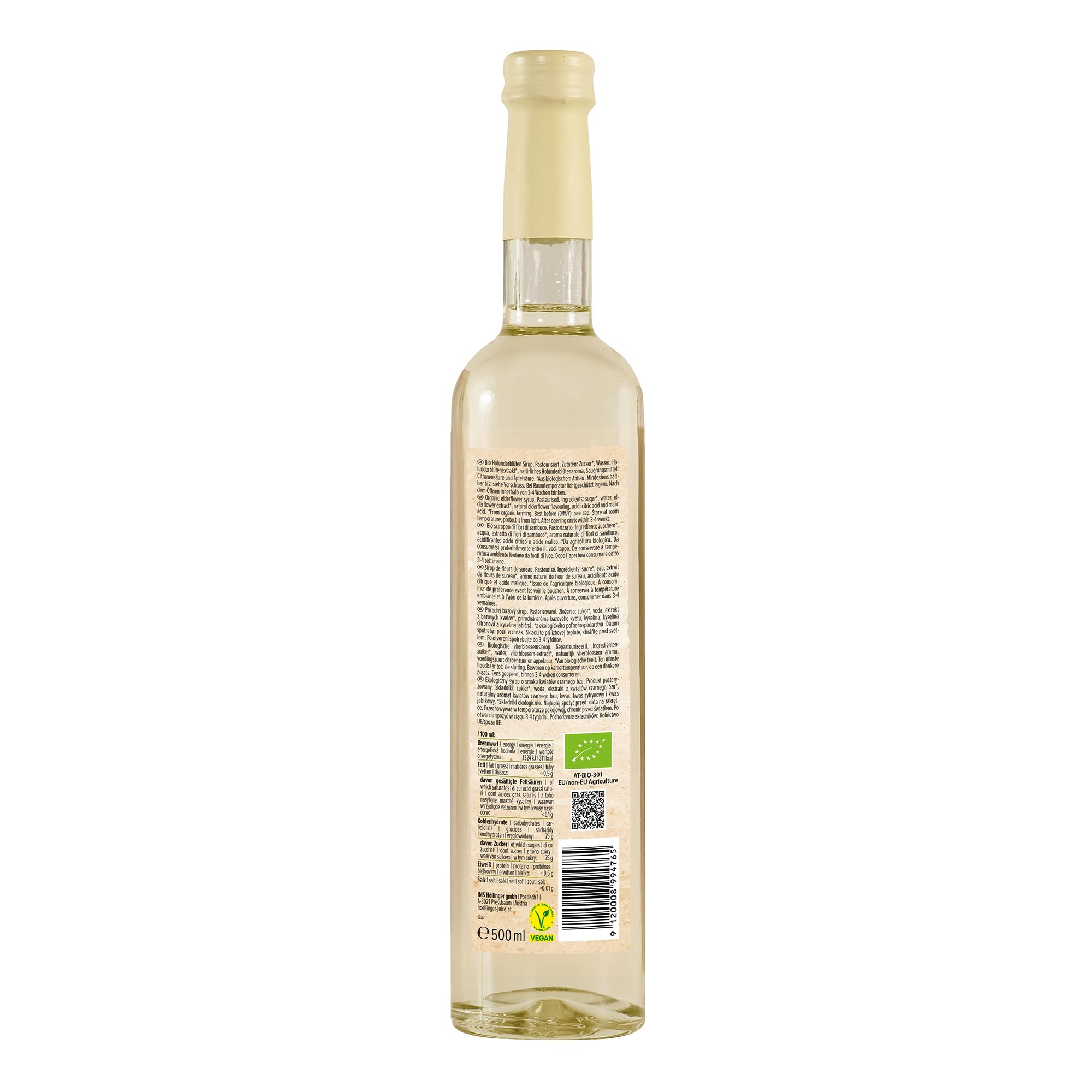 Sciroppo di fiori di sambuco biologico Höllinger - Organic Elderflower Syrup, Vegan, 3x500ml Glass Bottle, Natural Elderflower Flavor