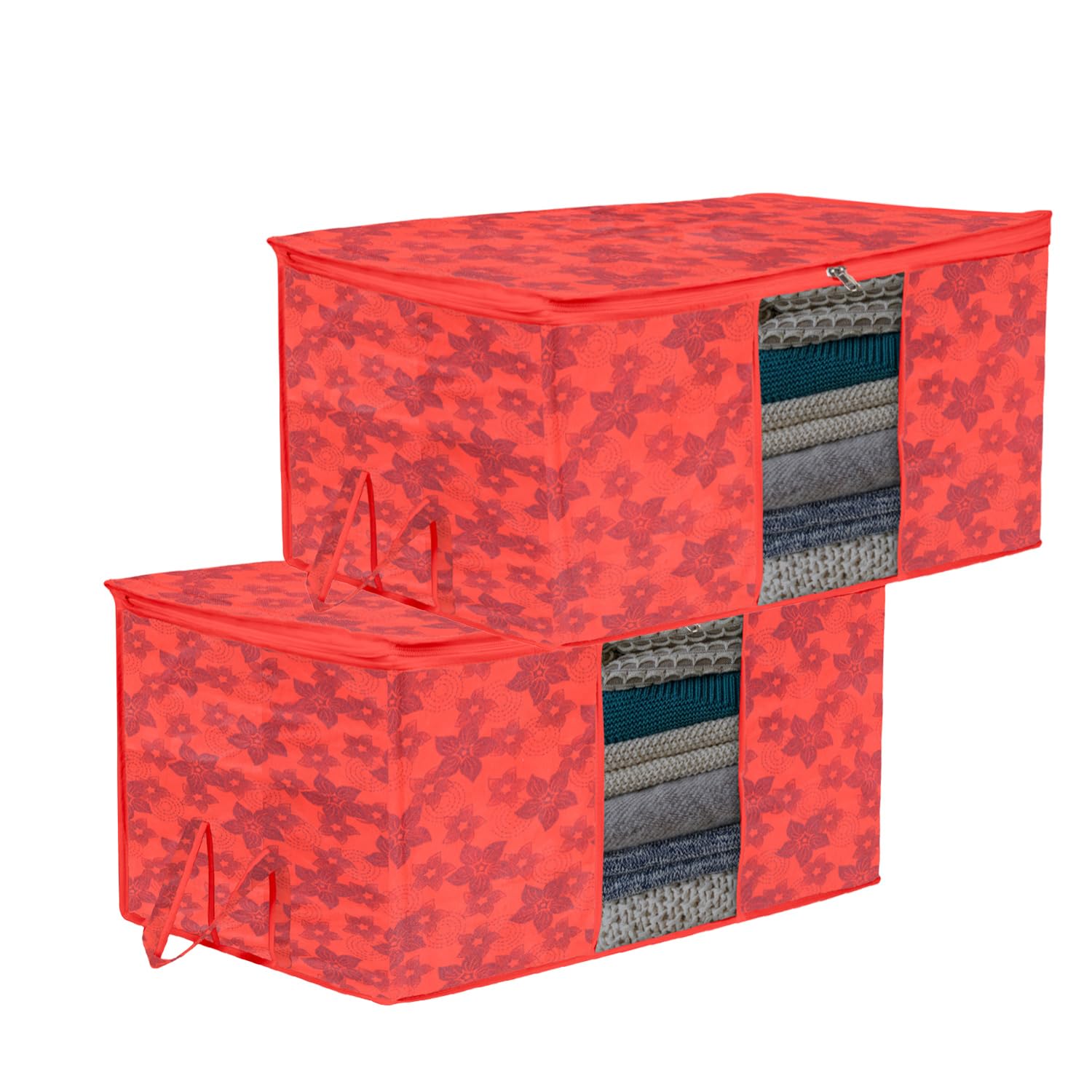 Kuber Industries Underbed Storage Bag | Clothes Storage Bag | Blanket Cover with Clear Window | Zipper Closure & Handle Cloth Organizer | New Flower-Design | Large | Pack of 2 | Red-image-29