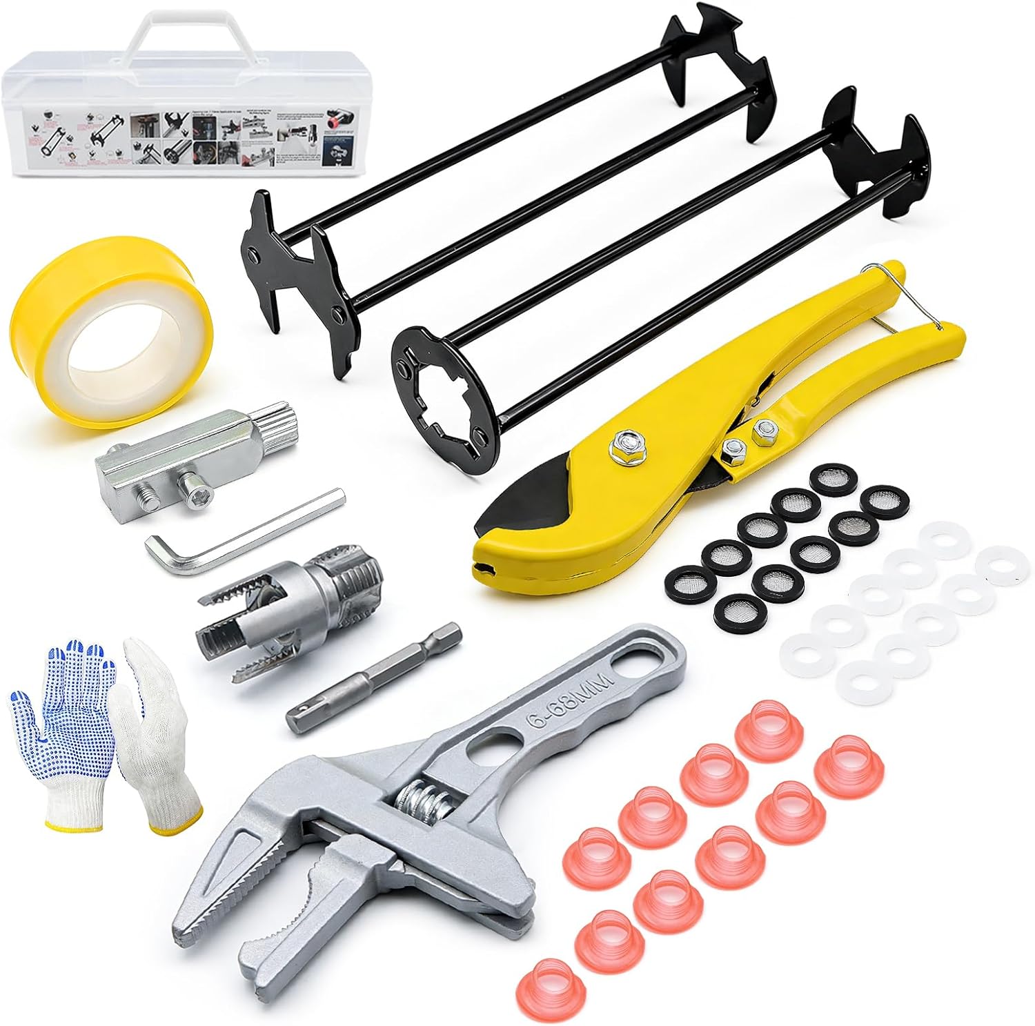 40PCS Plumbing Tool and Faucet Wrench Set, Universal Sink Wrench w/Four-Jaw Hex Wrench, 1/2" Pvc Pipe Threader, PEX Pipe Cutter, Pipe Extractor Tool, Adjustable Wrench, Shower Faucet Gaskets