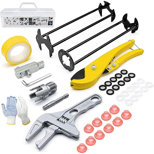 40PCS Plumbing Tool and Faucet Wrench Set, Universal Sink Wrench w/Four-Jaw Hex Wrench, 1/2" Pvc Pipe Threader, PEX Pipe Cutter, Pipe Extractor Tool, Adjustable Wrench, Shower Faucet Gaskets