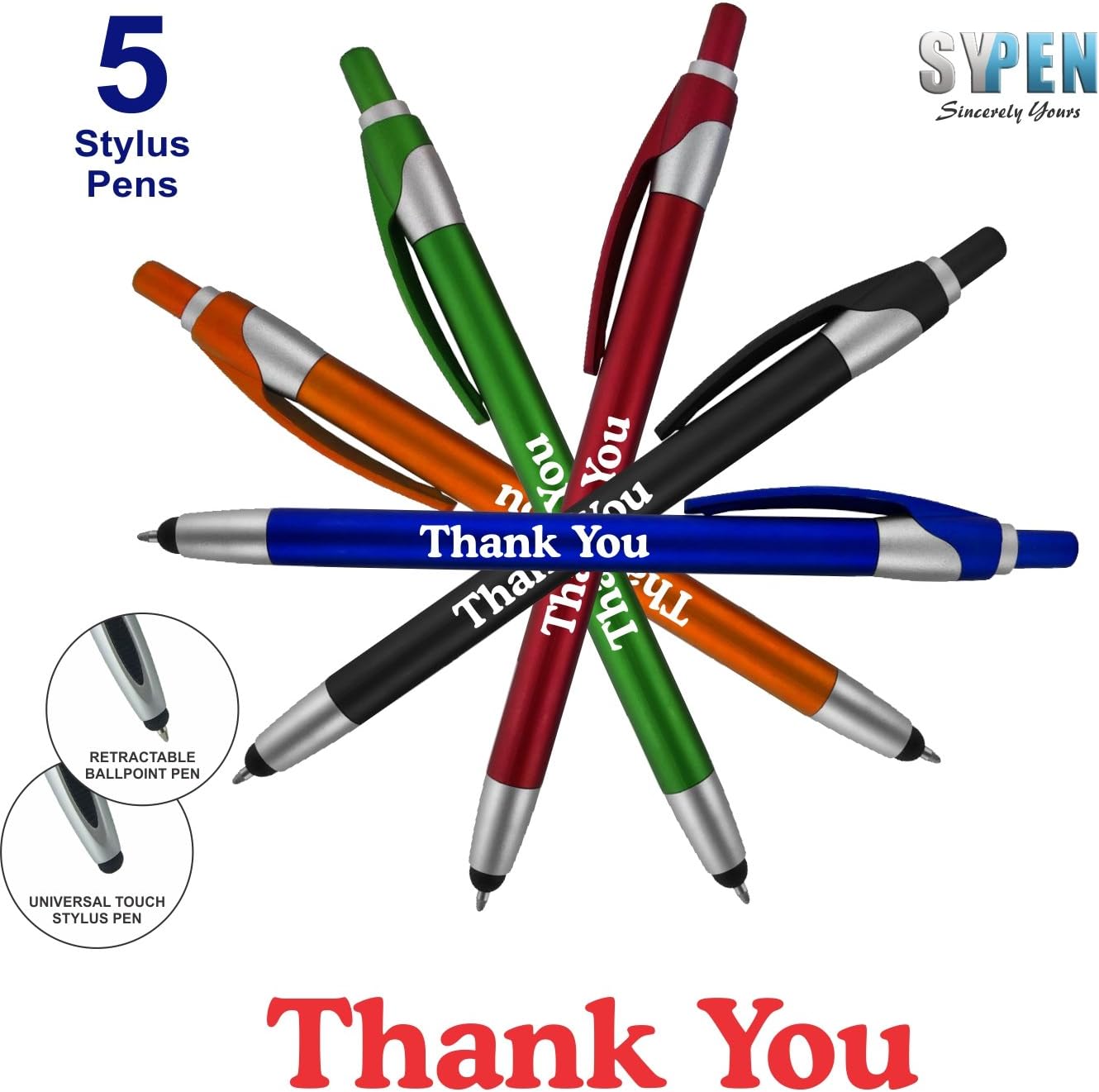 Thank You Greeting Gift Stylus Pens for Touchscreen Devices - 2 in 1 Combo Pen - for Employee Appreciation, Events and Parties, 50 Pack