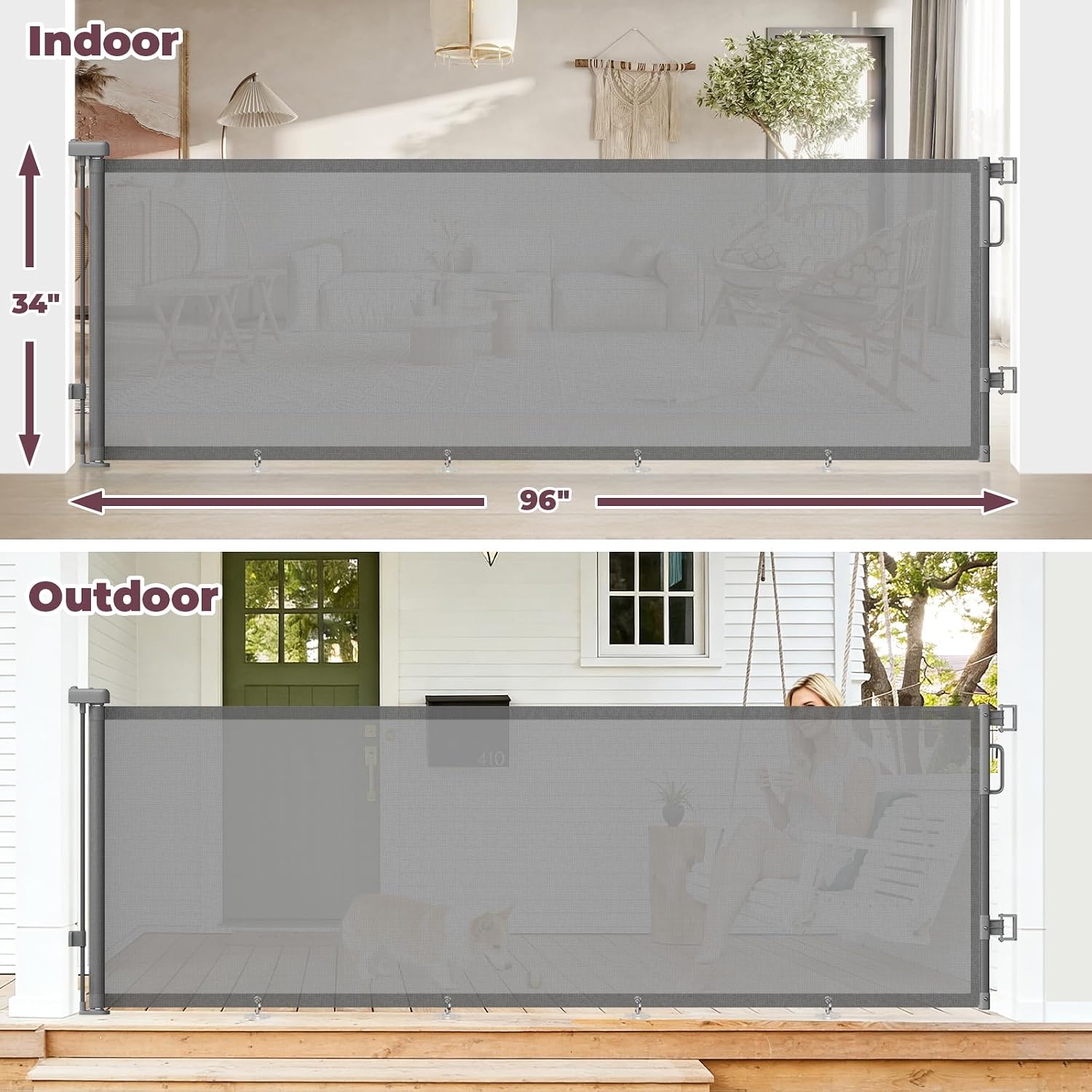 96" Retractable Baby Gate, Long Mesh Dog Gate for Garage Deck Porch image 2