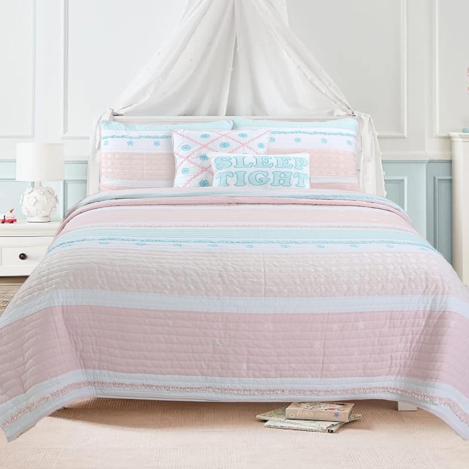Light Pink Blue Ruffles Girl 100% Cotton Reversible Quilt Bedding Set, Coverlet, Bedspread (Candy, Twin - 2 Piece)