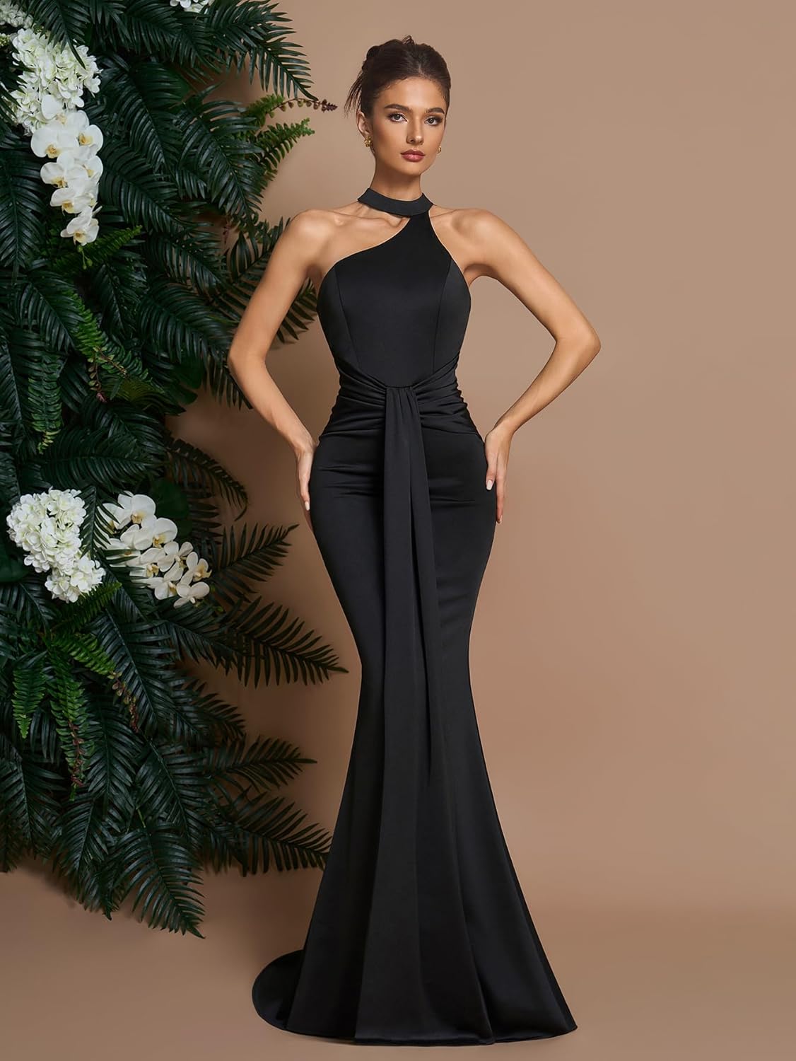 Women's Cocktail Dresses Elegant Black Satin Halter Neck Pleated Mermaid Evening Dresses for Wedding Guest - Image 4