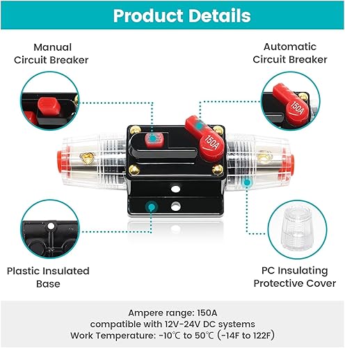 Miniatura 2 de NuIth Disyuntor de 150 amperios con reinicio manual, disyuntor en línea de 4-12 AWG 150A con terminales de cable y tubo termorretráctil de 12-24 V