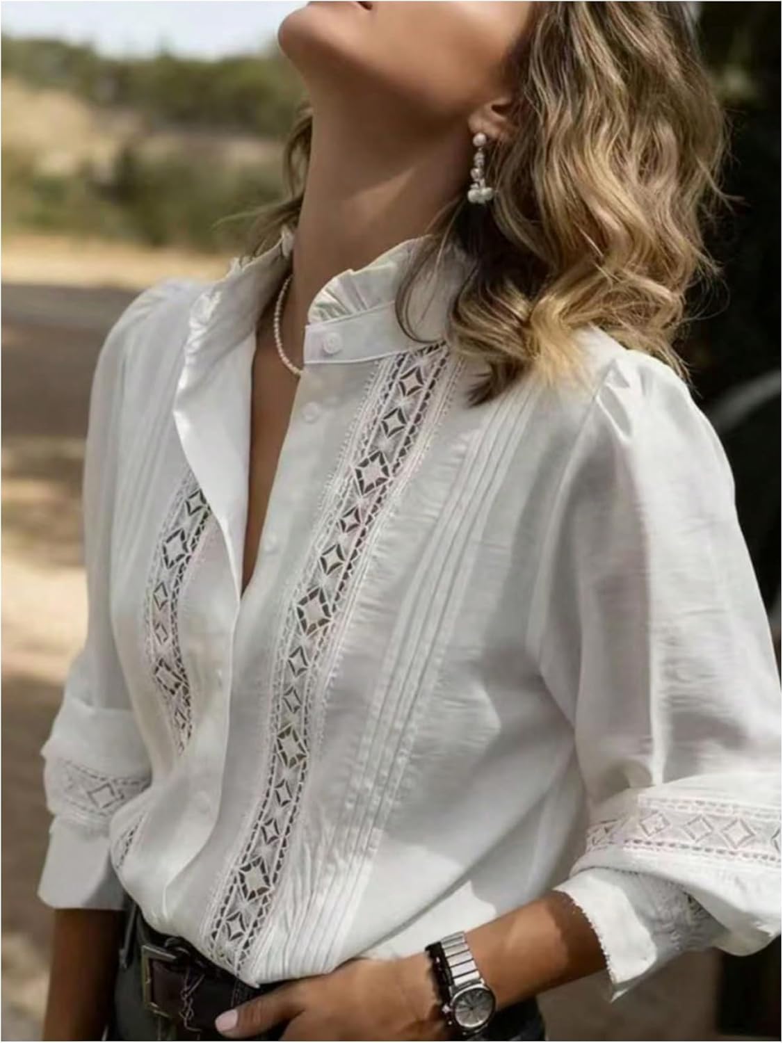 GORGLITTER Women's Lace Button Up Shirt Office Eyelet Embroidered Long Sleeve Shirts Dressy Casual Work Blouse