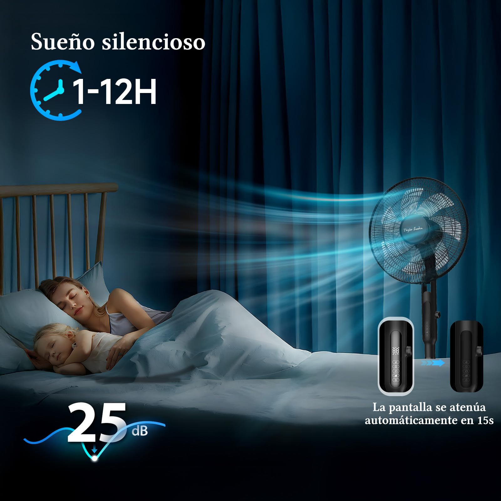 Taylor Swoden Ventilador de pie, Silencioso Motor Brushless DC Mando, 28 Velocidades, ECO, 40W, 3 modos, 12H Time, LED, Ajustable en altura(125-135cm), con Mando, ranura anti-mosquitos,Negro