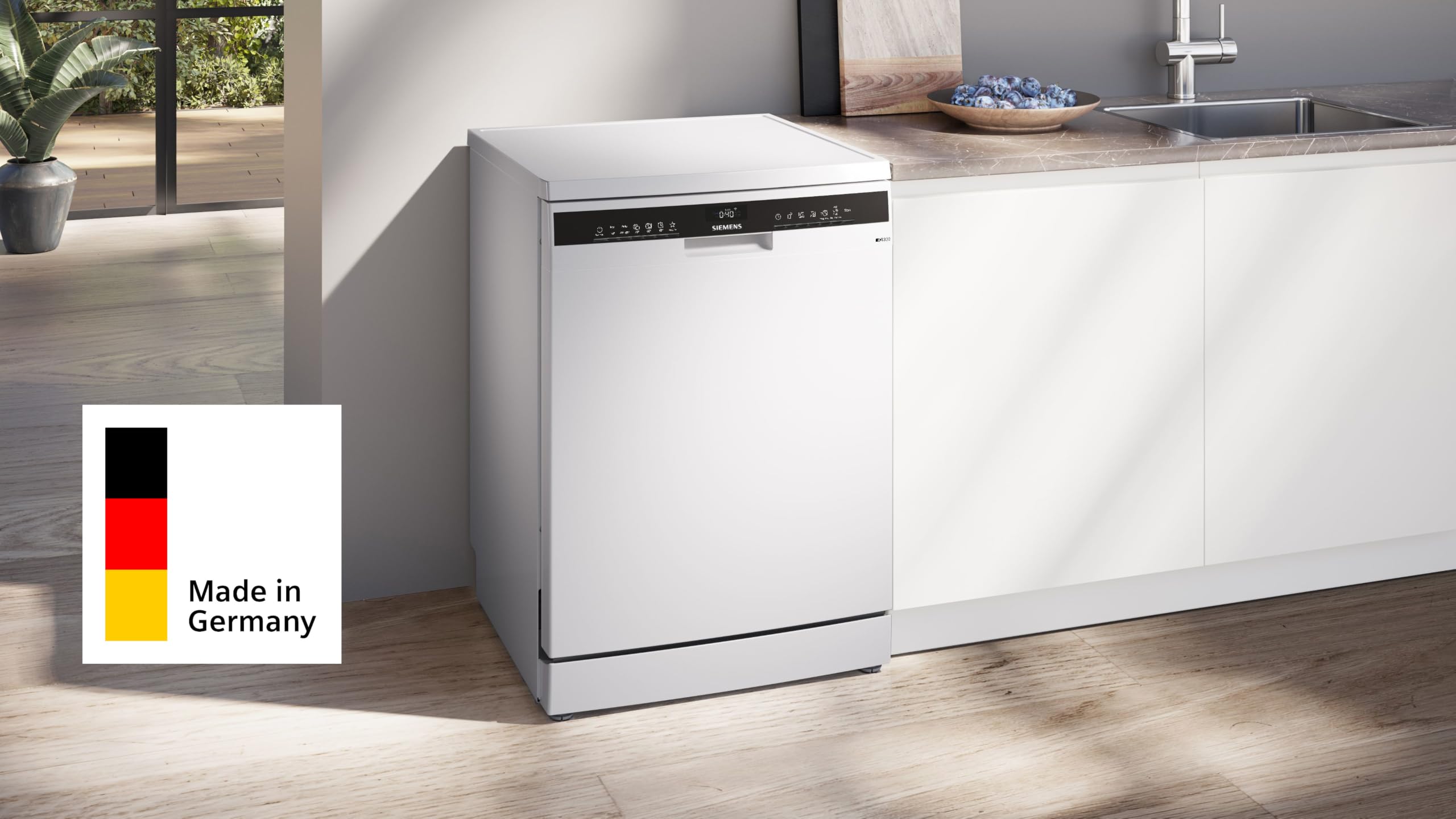 Siemens iQ300 Smarter Freistehender Geschirrspüler 60 cm Weiß SN23EW28AE | Made in Germany, automatische Türöffnung nach Spülende, flexibles Beladen, rackMatic Höhenverstellung, leiser Motor