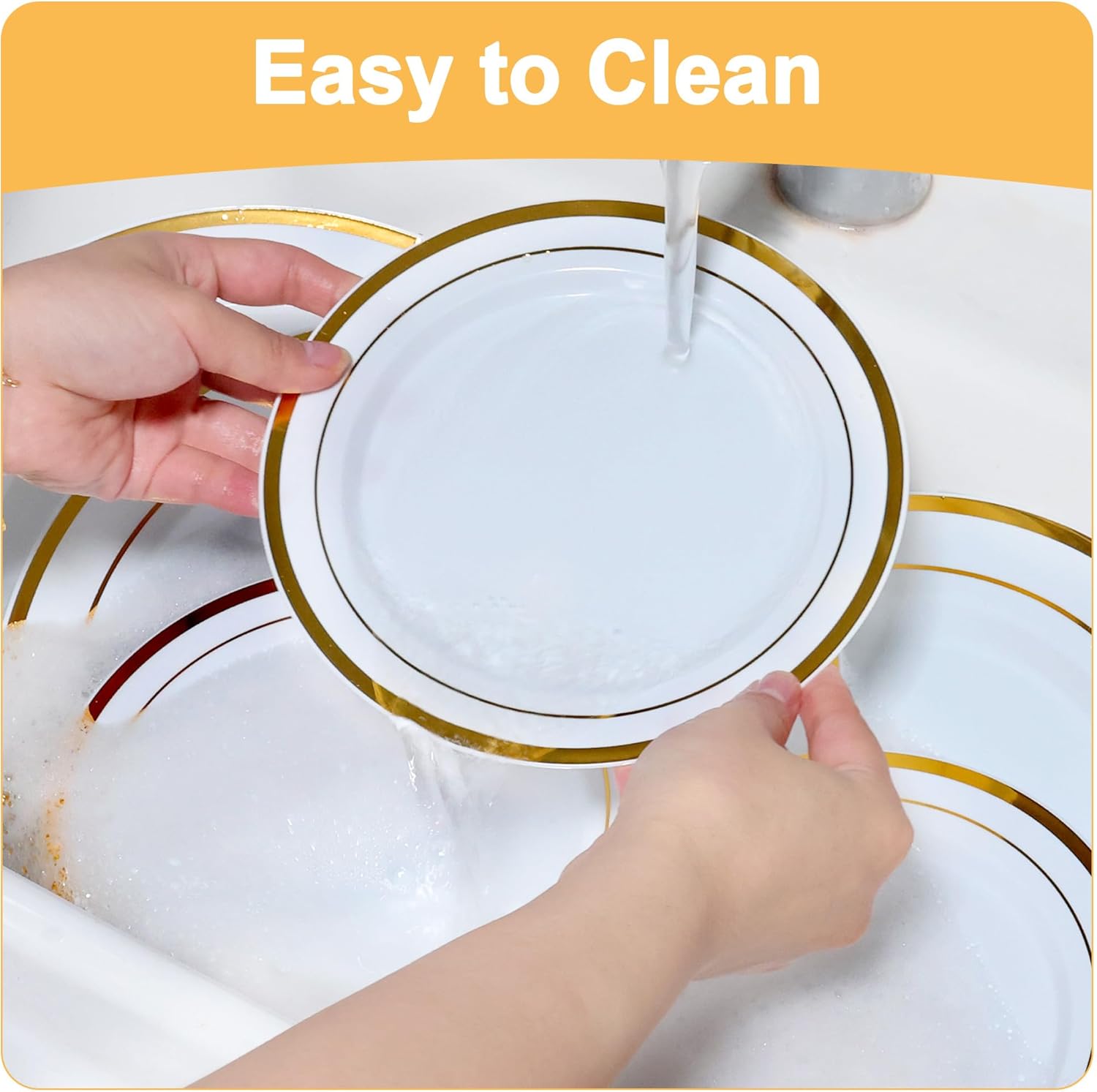 200 PCS Gold Plastic Plates Disposable, White and Gold Plastic Plates Include 100 Dinner Plate and 100 Dessert Plate Perfect for Holiday, Party & Wedding - Image 6