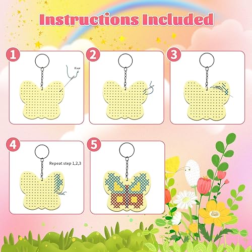 Miniatura 3 de VKPI Kits de punto de cruz de madera para niños, haz tus propios 6 llaveros de punto de cruz, kit de costura de madera, mariposas y manualidades,