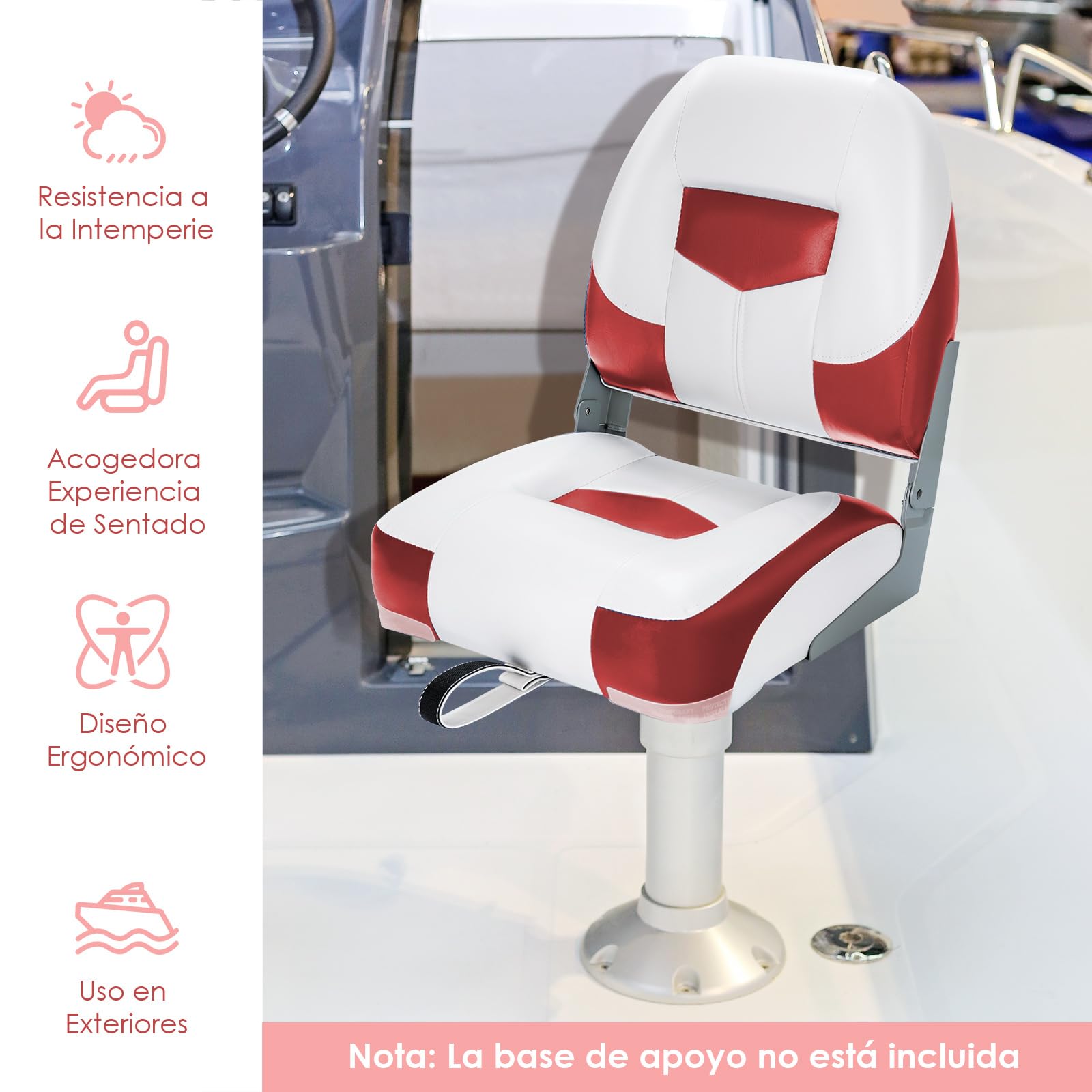 COSTWAY Sillas Plegables para Barco, 2 Asientos para Barco con Tira de Fijación Larga y Tornillos en Acero Inoxidable, Asiento Yate Ergonómicos con Espuma y Bisagras Metálicas (Blanco y Rojo)