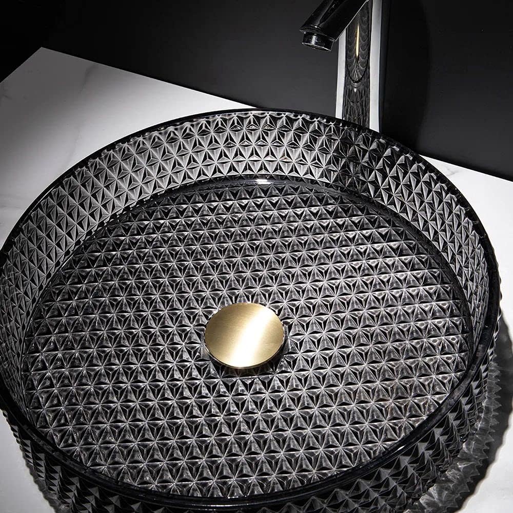 15" Vessel Sink Black Glass Vessel Sinks for Bathrooms Diamond Shaped Crystal Glass Bathroom Wash Sink