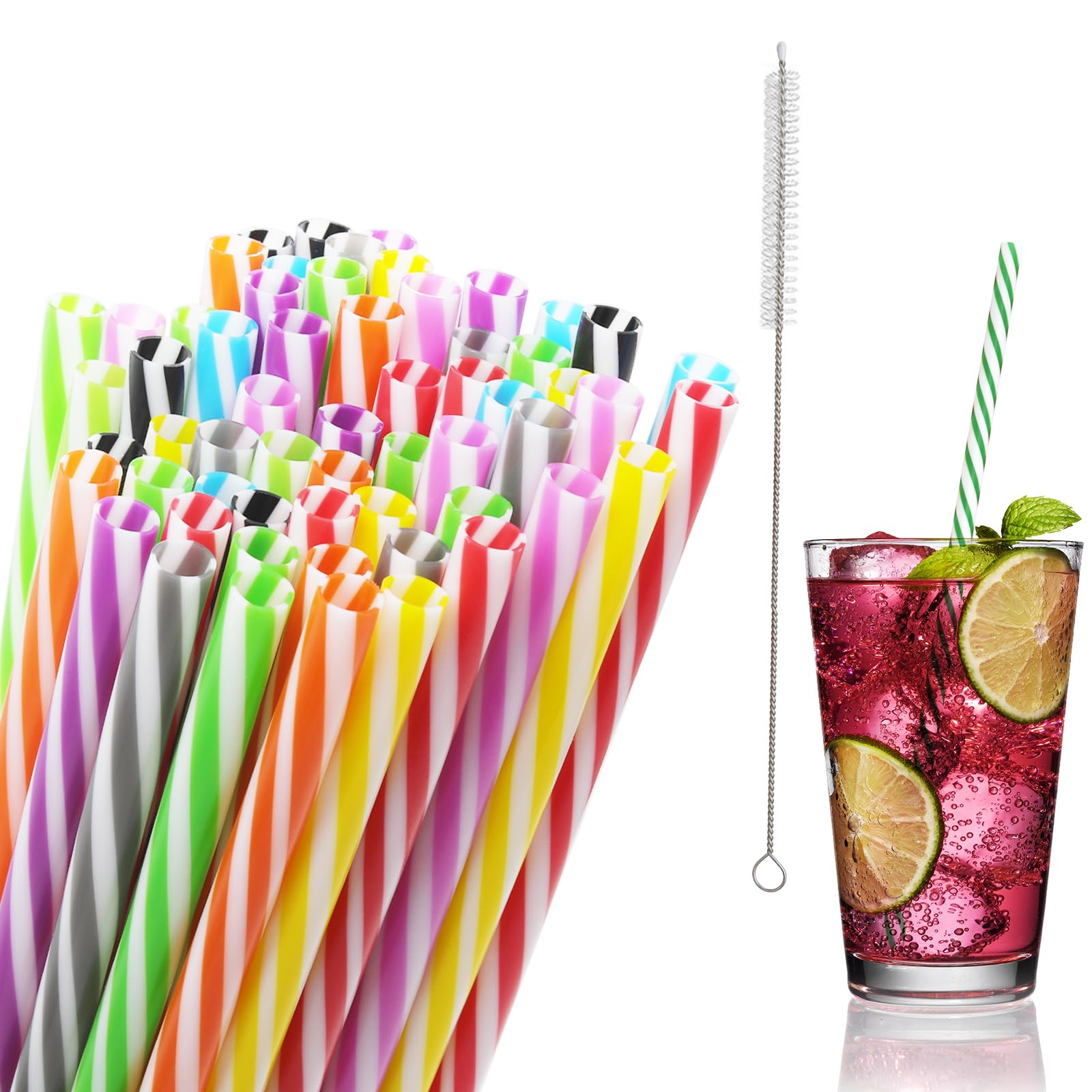 100 plastikowych słomek, 23 cm, plastikowe słomki do picia ze szczotką słomkową, słomki wielokrotnego użytku, plastikowe słomki do smoothie, soku, koktajli, gorących napojów