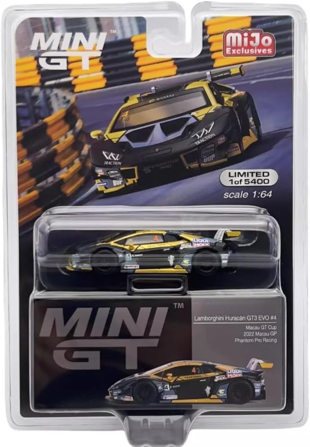 MINI GT True Scale Miniatures Model Car Compatible with Lamborghini Huracan GT3 EVO #4 2022 Macau GP Cup 3rd Place 1/64 Diecast Model Car MGT00645