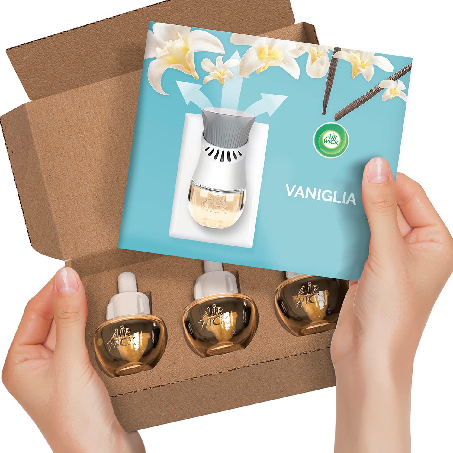 Airwick Diffusore di Oli Essenziali Elettrico, 1 Confezione con 3 Ricariche, Fragranza Vaniglia e Thè Bianco, Grigio, 19 ml (Confezione da 3)