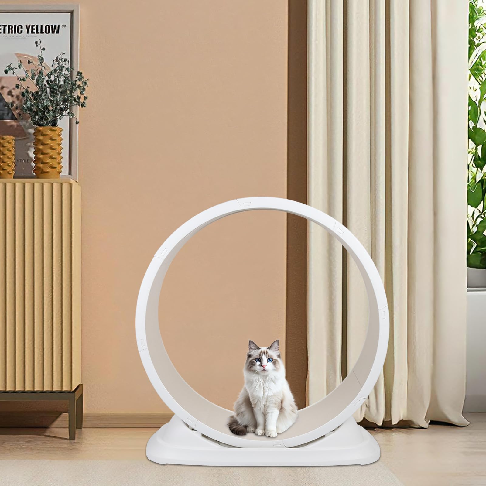 Ruota per esercizi 'gatto' in legno, giocattolo sportivo per una durata di vita più lunga, per corsa, camminata, allenamento, adatto per maggior parte 'gatto', 85 x 80 x 33 cm, bianco
