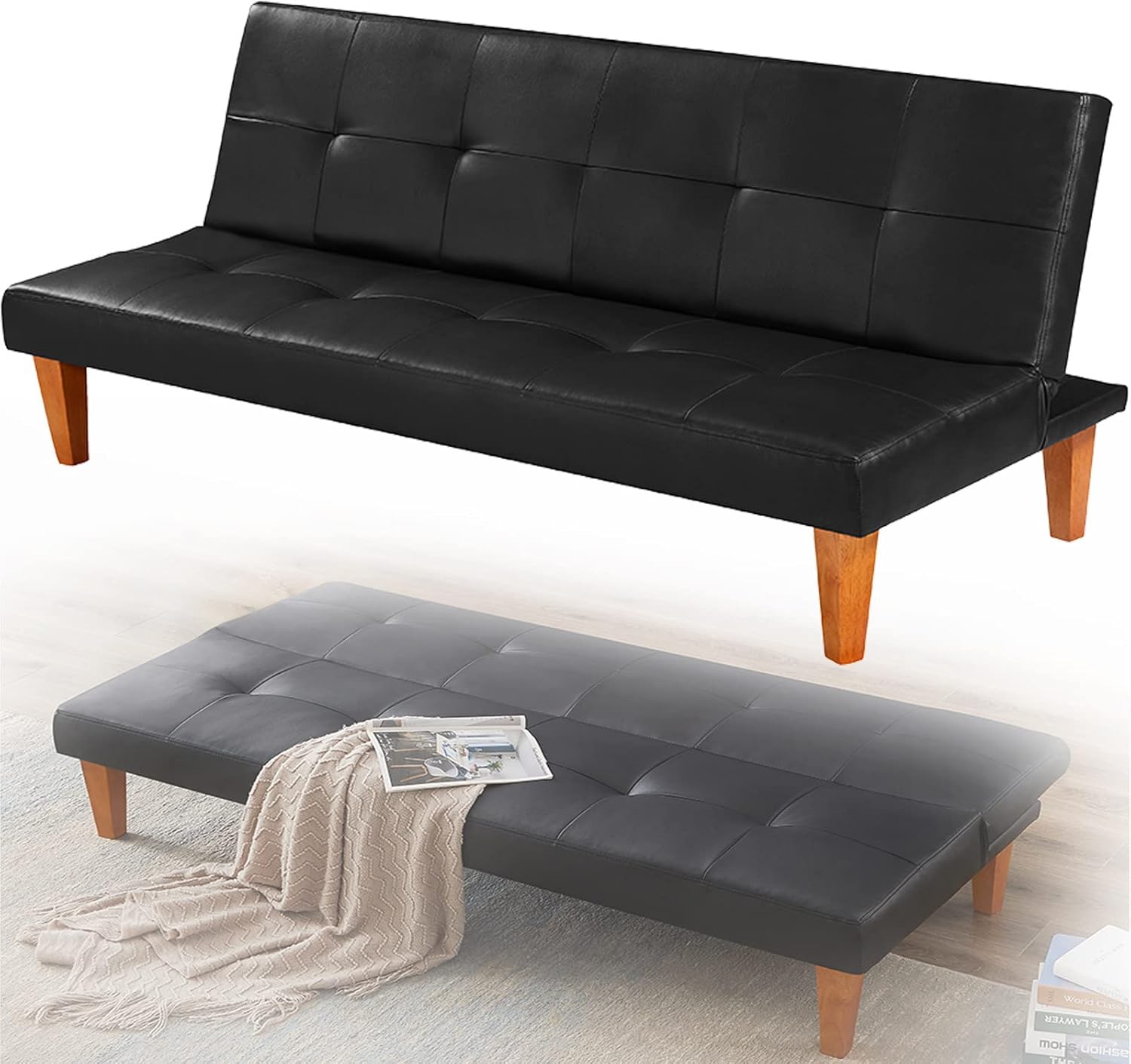 Modern Sofa,Convertible Memory Foam Futon Couch Bed,Recliner Sofa,Armless Faux PU Leather Small Futon,for Small Rooms Office Bedroom Iiving Room.