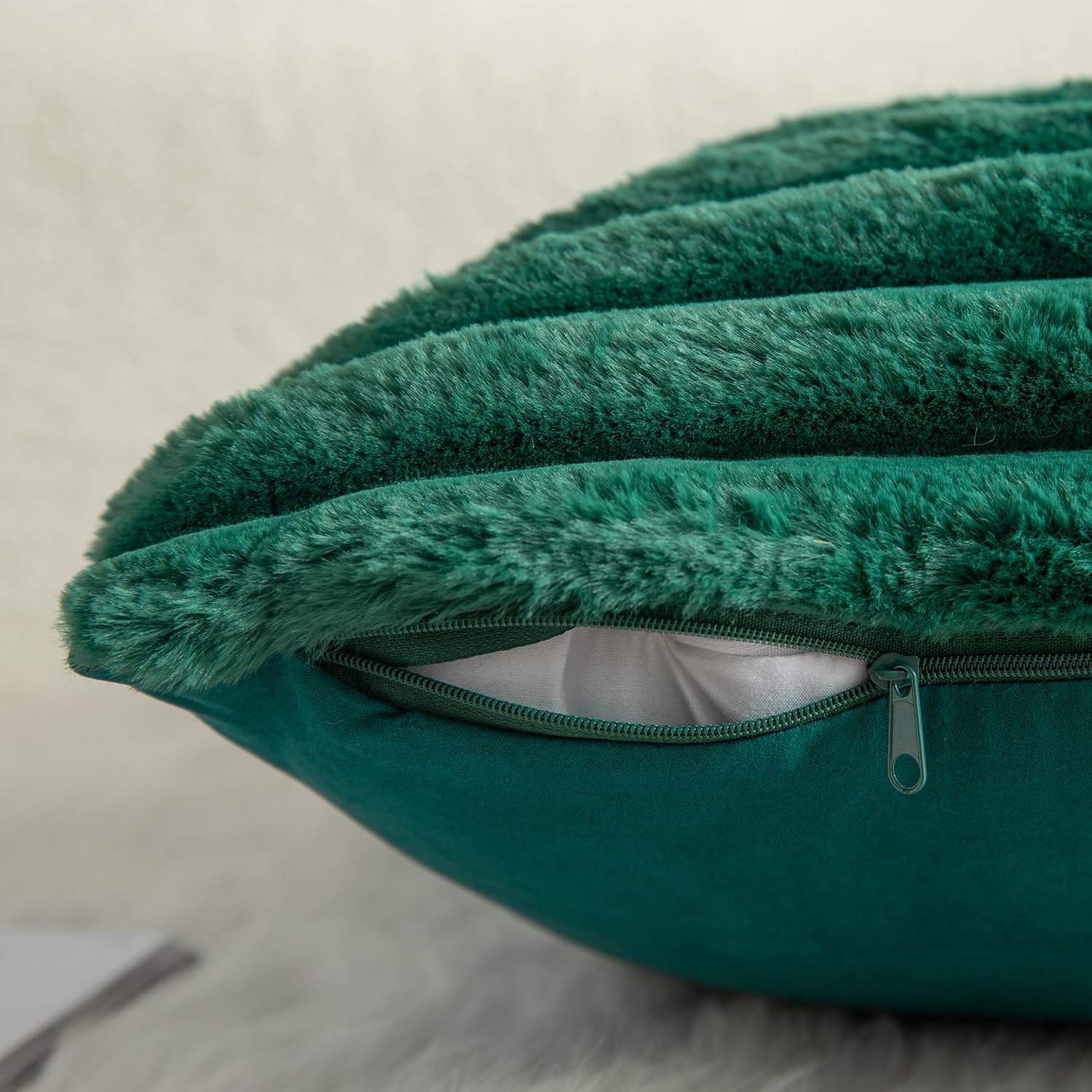 Mandioo Pack of 2 Decorative Cushion Covers 30cm x 50cm Faux Fur Striped Plush Soft Throw Pillow Covers Pillow Cases Bedroom Living Room Sofa Home 20x20 Inch Green - Image 3