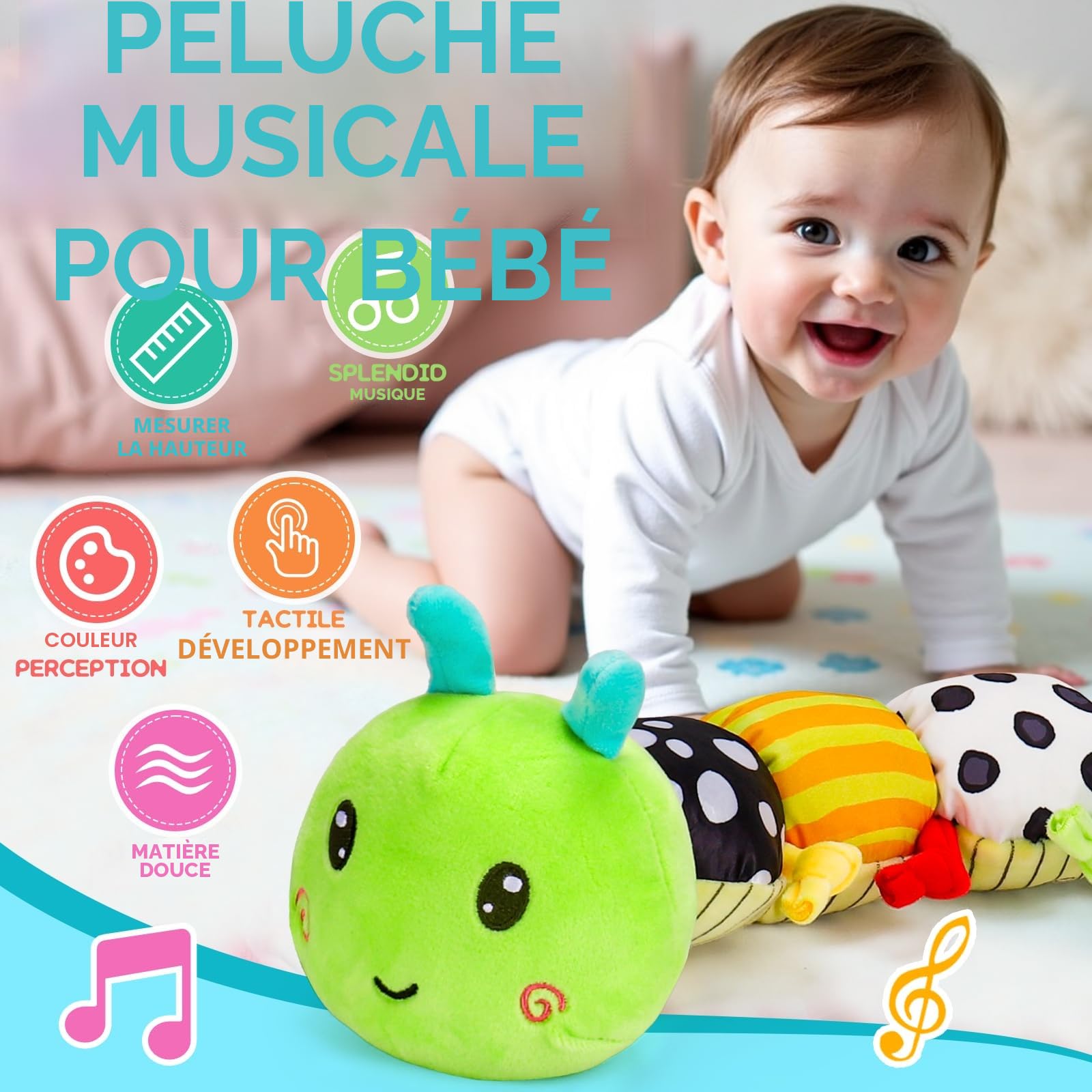 Jouet Bebe 0 3 6 Mois Jouet Peluche Chenille Musicale, Jouet Sensoriels Montessori, Jeux Eveil Bebe 0-3 3-6 Mois avec Hochet Miroir Bebe, Cadeau Naissance Garcon Fille 0-6 Mois