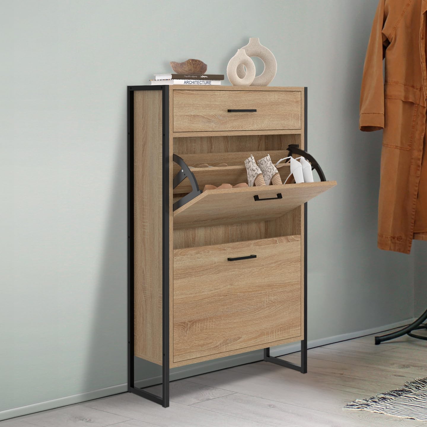 IDMarket - Organizador de zapatos con 2 cajones de 12 piezas LUIS con cajón de diseño industrial