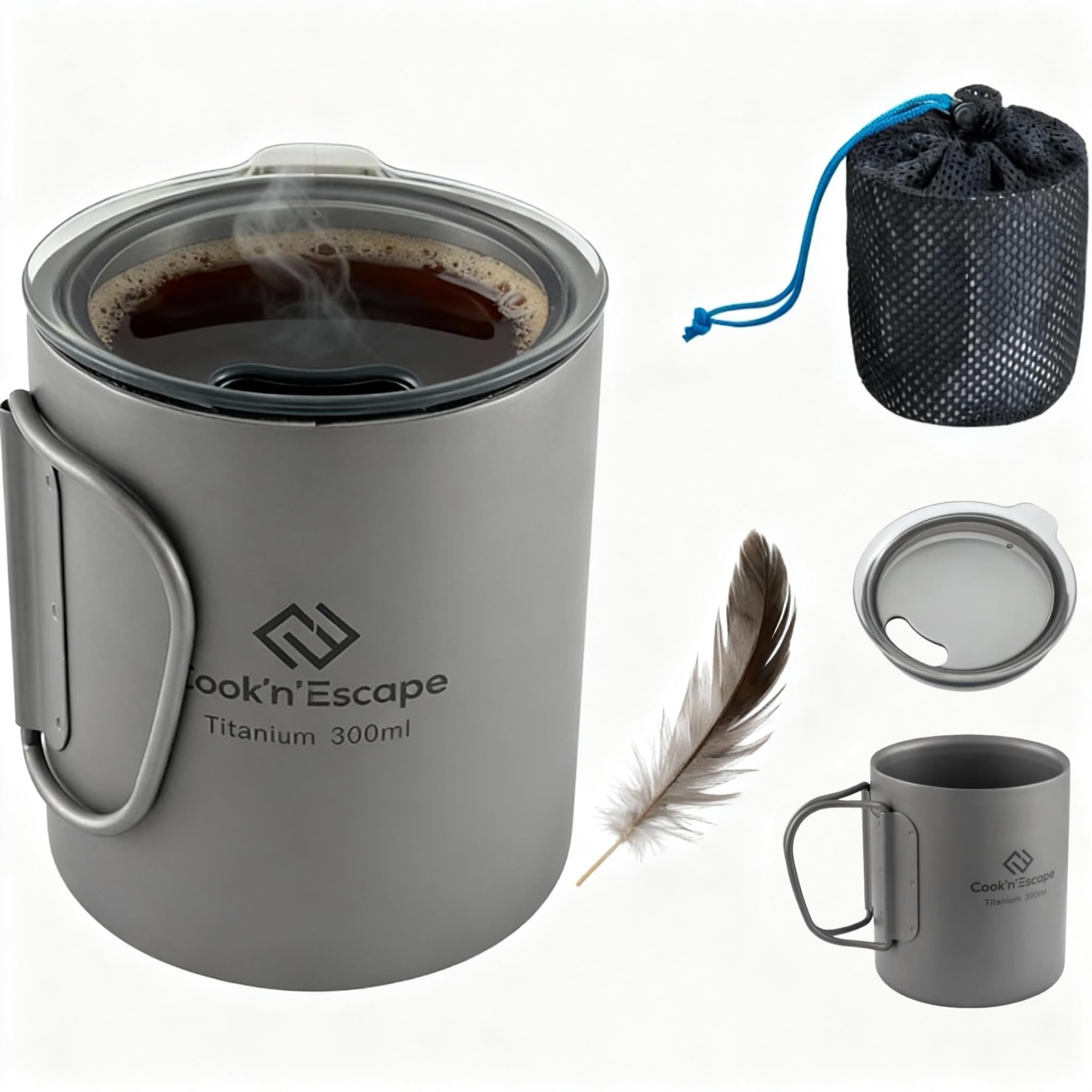 COOK'N'ESCAPE Titanium Double Wall Mug 10oz With Lid Folding Handle Camp