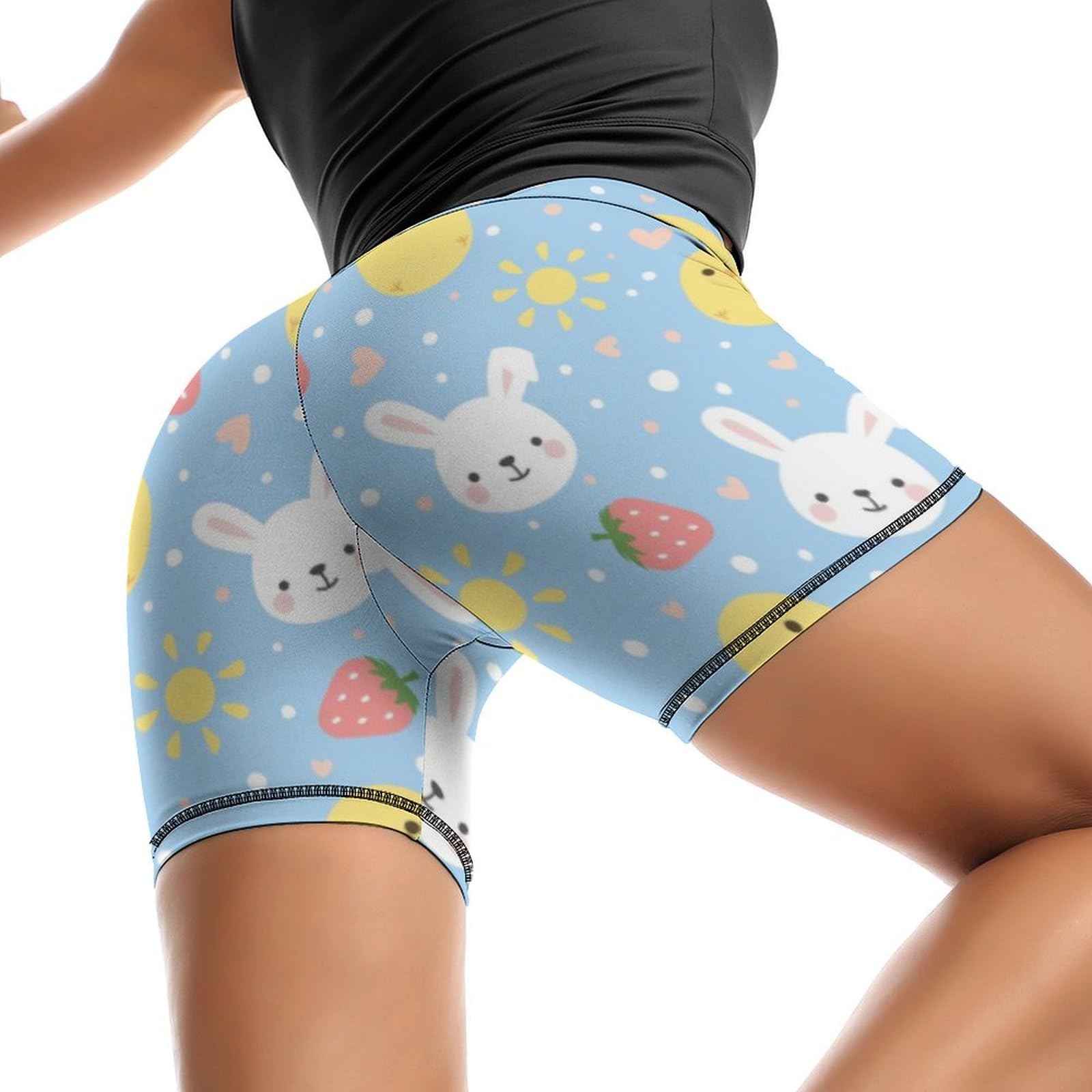 JYYAU Cute Strawberry Bunny and Chicken Pattern High Waist Yoga Shorts for Women Athletic Shorts Leggings Running Pants