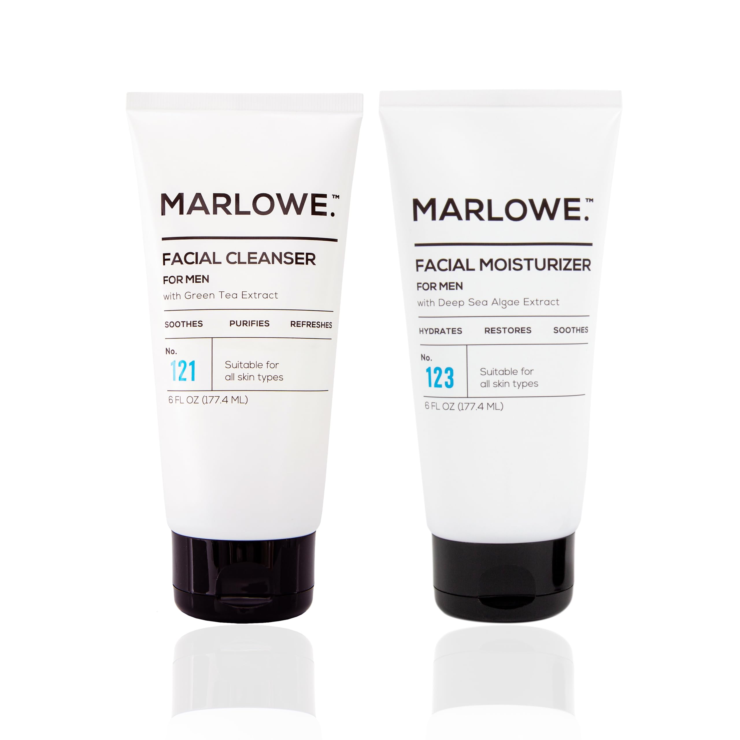 MARLOWE. Face Cleanser & Moisturizer Skin Care Duo, No. 121 Facial Cleanser 6 oz & No. 123 Facial Moisturizer 6 oz with Green Tea & Deep Sea Algae