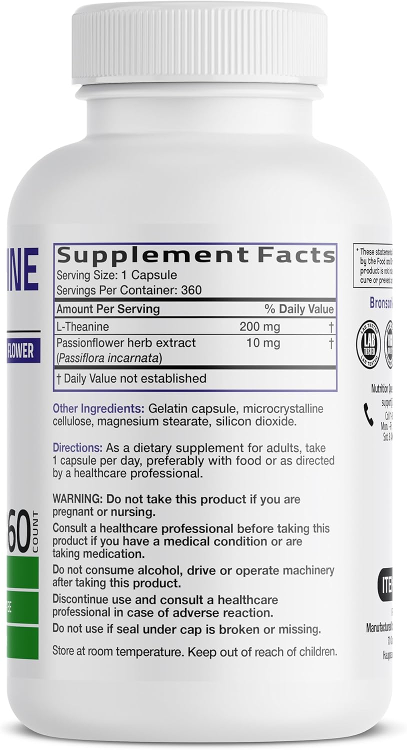 Bronson L-Theanine 200mg (Double-Strength) with Passion Flower Herb, Non-GMO Gluten-Free Soy-Free Stress Management Supplement, 360 Capsules - Image 2