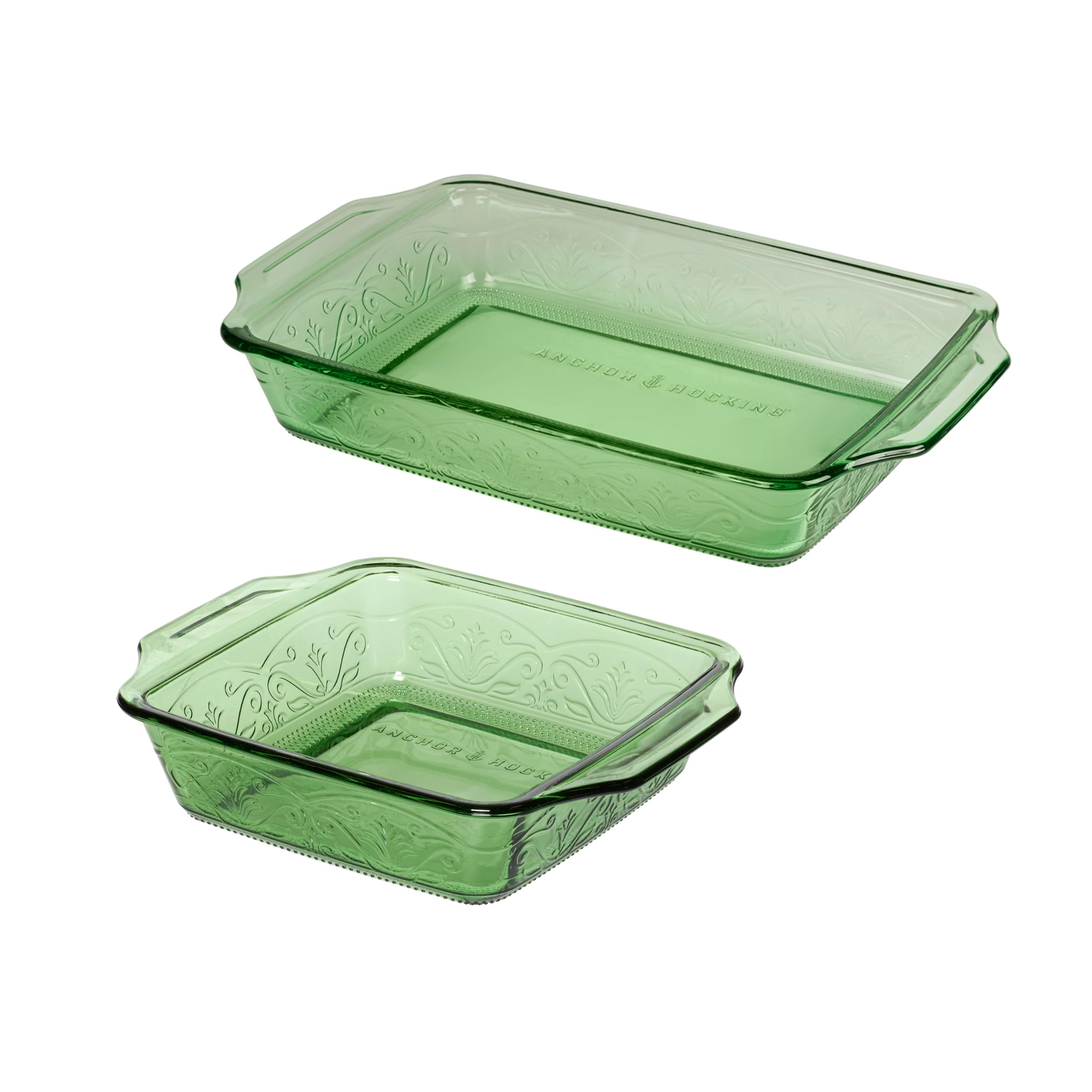 Fern Green Laurel Embossed Bakeware Set (2-Piece, 3-quart & 8-inch, oven/dishwasher safe)