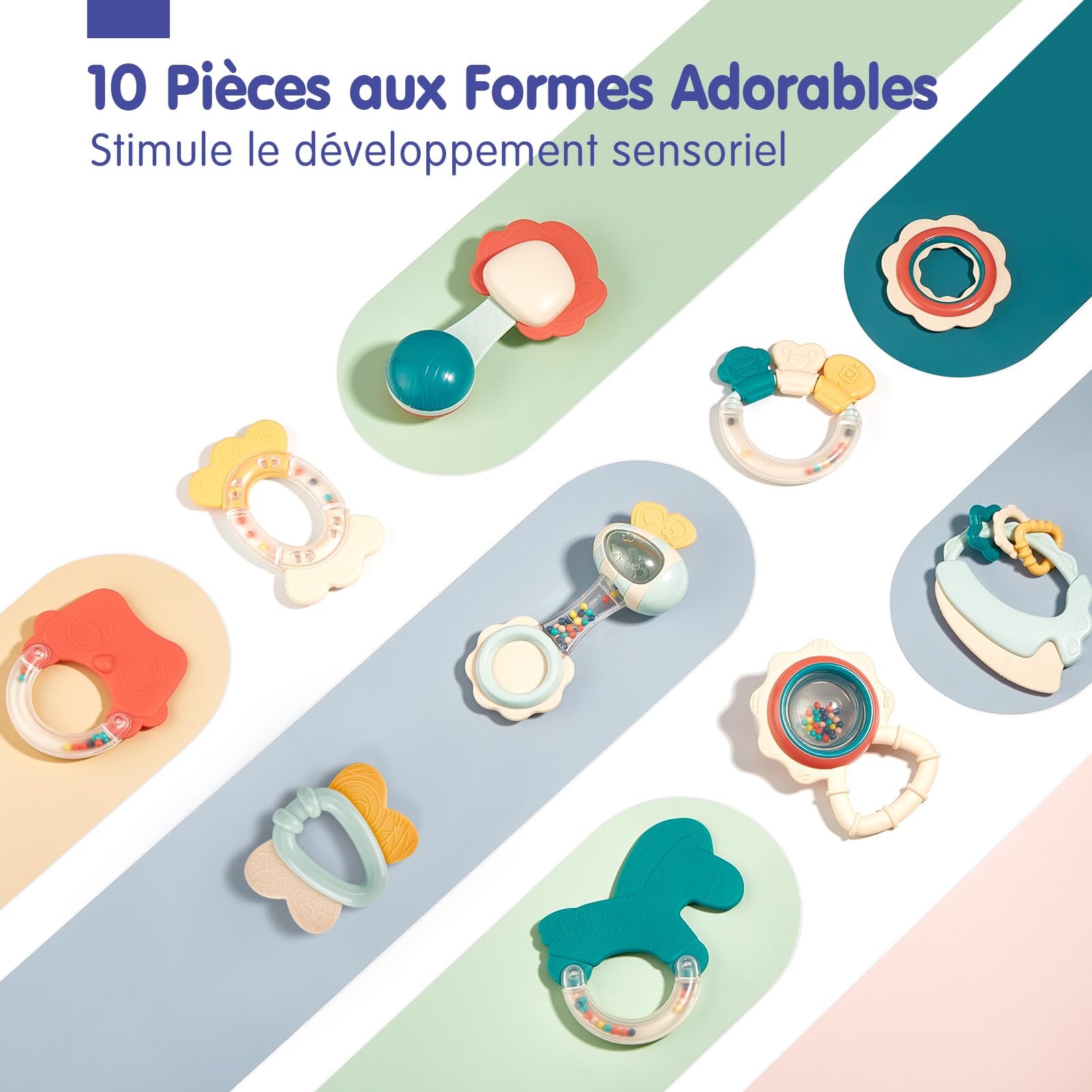 Jouet pour Bébé 3 Mois Hochet de Dentition pour Bébé 0 3 6 9 Mois, Jouets d'Eveil Anneaux de Dentition sans BPA avec Boîte de Rangement Cadeau pour Naissance Garçon Fille, 10PCS