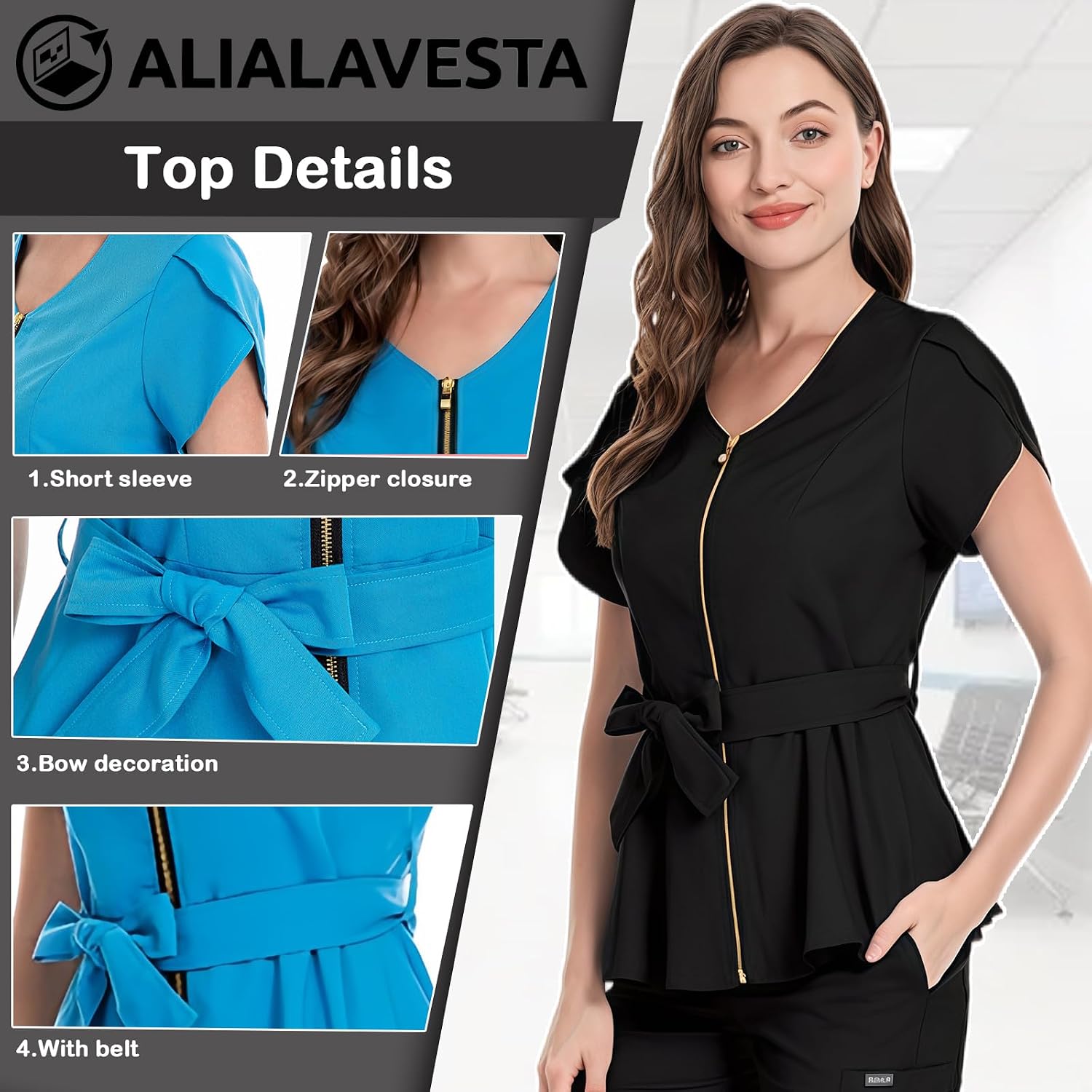 Women's Scrub Set V-Neck Top & & Pants with Zipper Drawstring Pants,Easy Care Uniforms