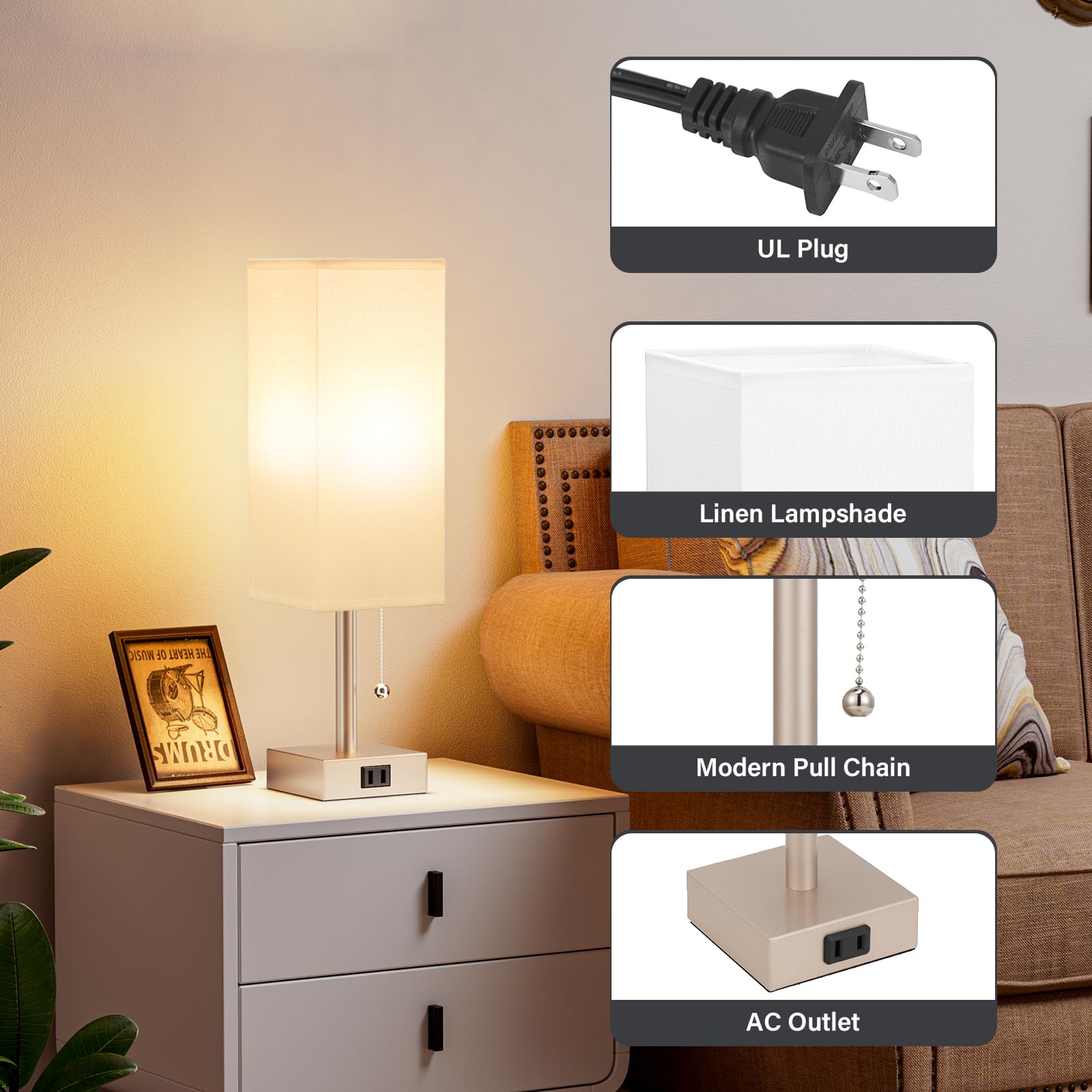 Goldfarbene Nachttischlampen für Schlafzimmer, 2er-Set, kleine rechteckige Nachttischlampe mit AC-Steckdosen-Ladeanschluss, 3 Farbtemperaturen, Tisch-Leselampe für Wohnzimmer/Schlafsaal/Büro