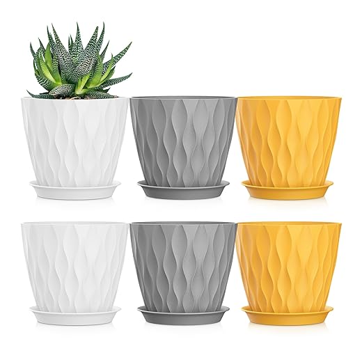 5 Inch Planter Pots, 6 Pack Indoor Planters, Small Flower Pots with Drainage Holes and Tray for Succulents, Orchids, Herbs and Other Indoor Plants (Orange+Grey+White, 5inch)