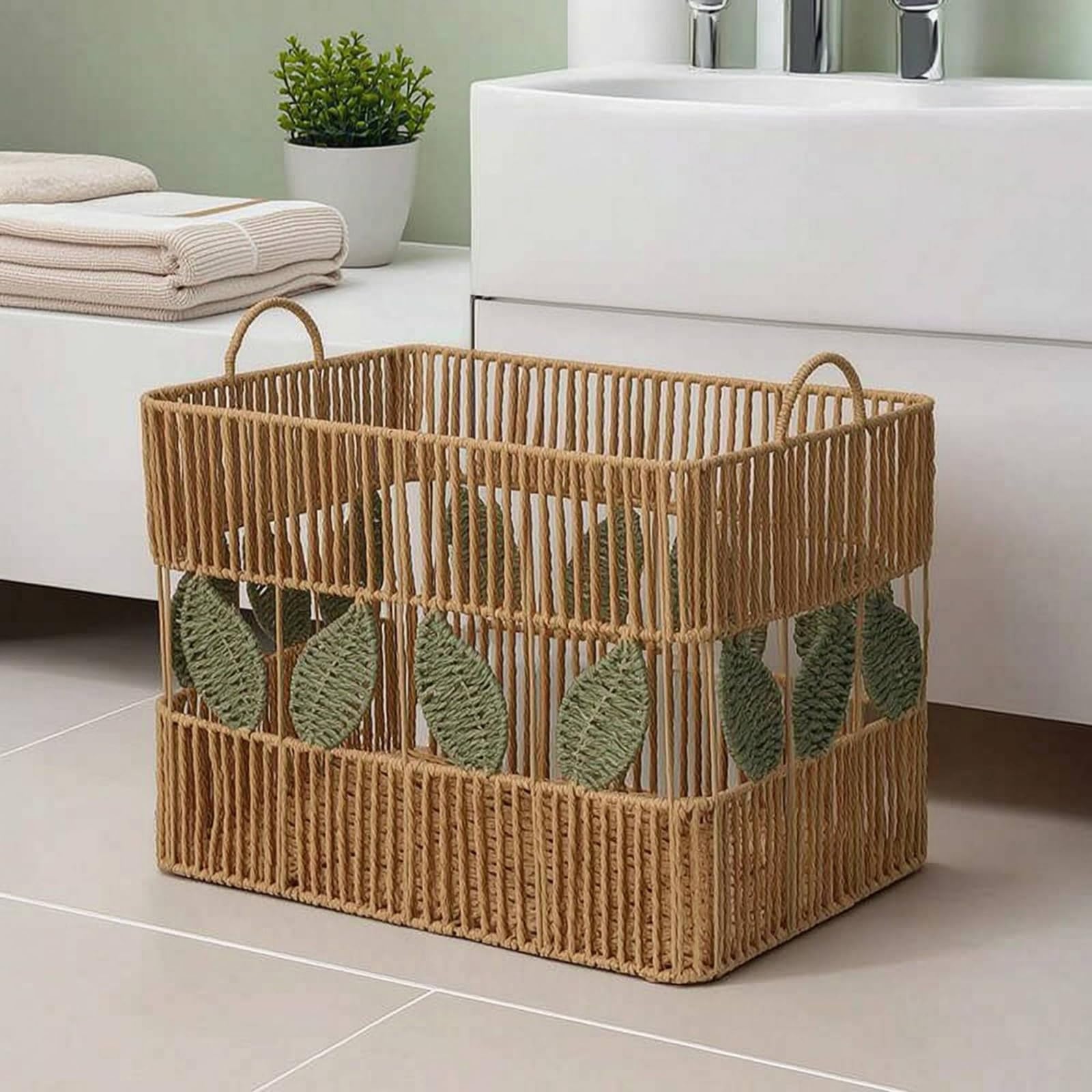 Qianly Cesto Portabiancheria con Manici Decorativo Cesto Intrecciato a Mano Traspirante Cestino per Bagno, Cesto Portaoggetti In Corda Intrecciata Con Doppie Maniglie - Medio