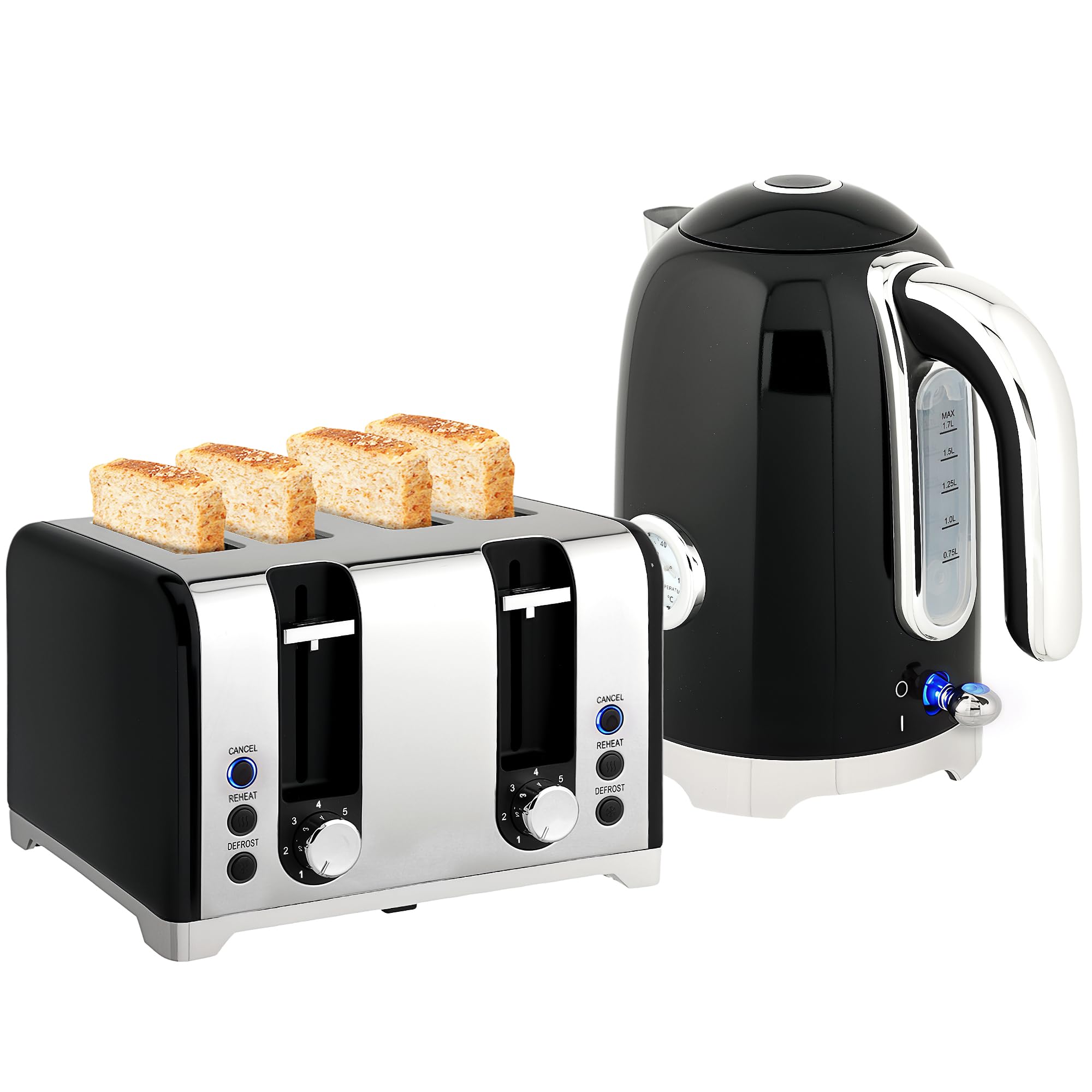 HOMCOM Retro Kettle and Toaster Set with Temp Display, 1.7L 3000W Rapid Boil Stainless Steel Jug Kettle with Thermostat Limescale Filter 4 Slice Toaster with 7 Browning Controls Crumb Tray, Black