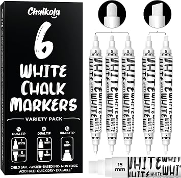 Chalkola 6 White Chalk Markers - Dry Erase Liquid Chalk Pens for Blackboard