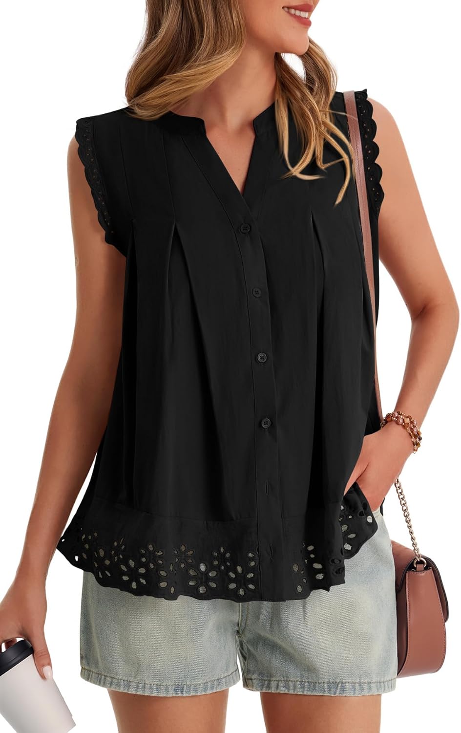 Cicy Bell Womens Summer Eyelet Tank Tops V Neck Ruffle Sleeveless Button Down Shirts Casual Cotton Loose Fit Tees