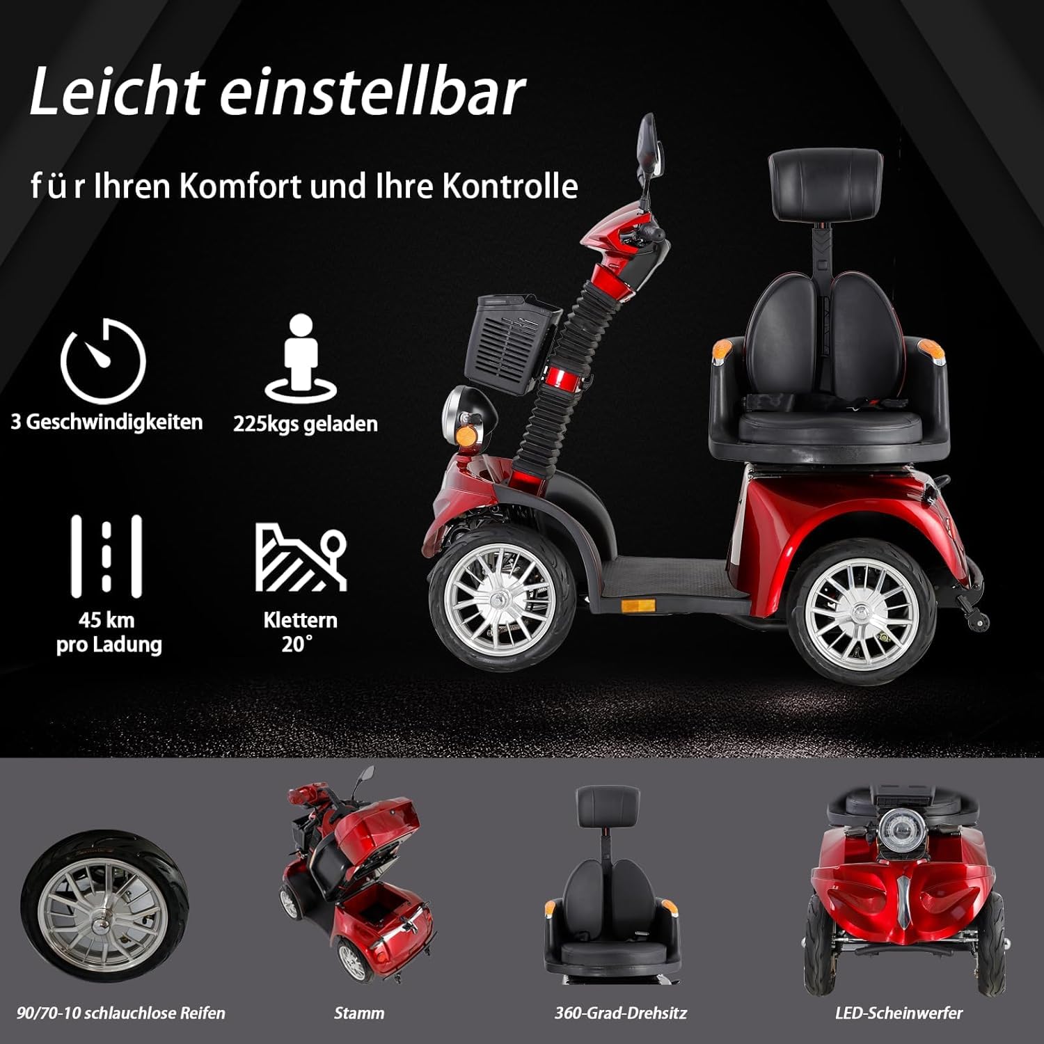 Scooter de 4 ruedas con respaldo y reposacabezas ajustables automáticos para una experiencia de conducción cómoda con una carga máxima de 225 kg