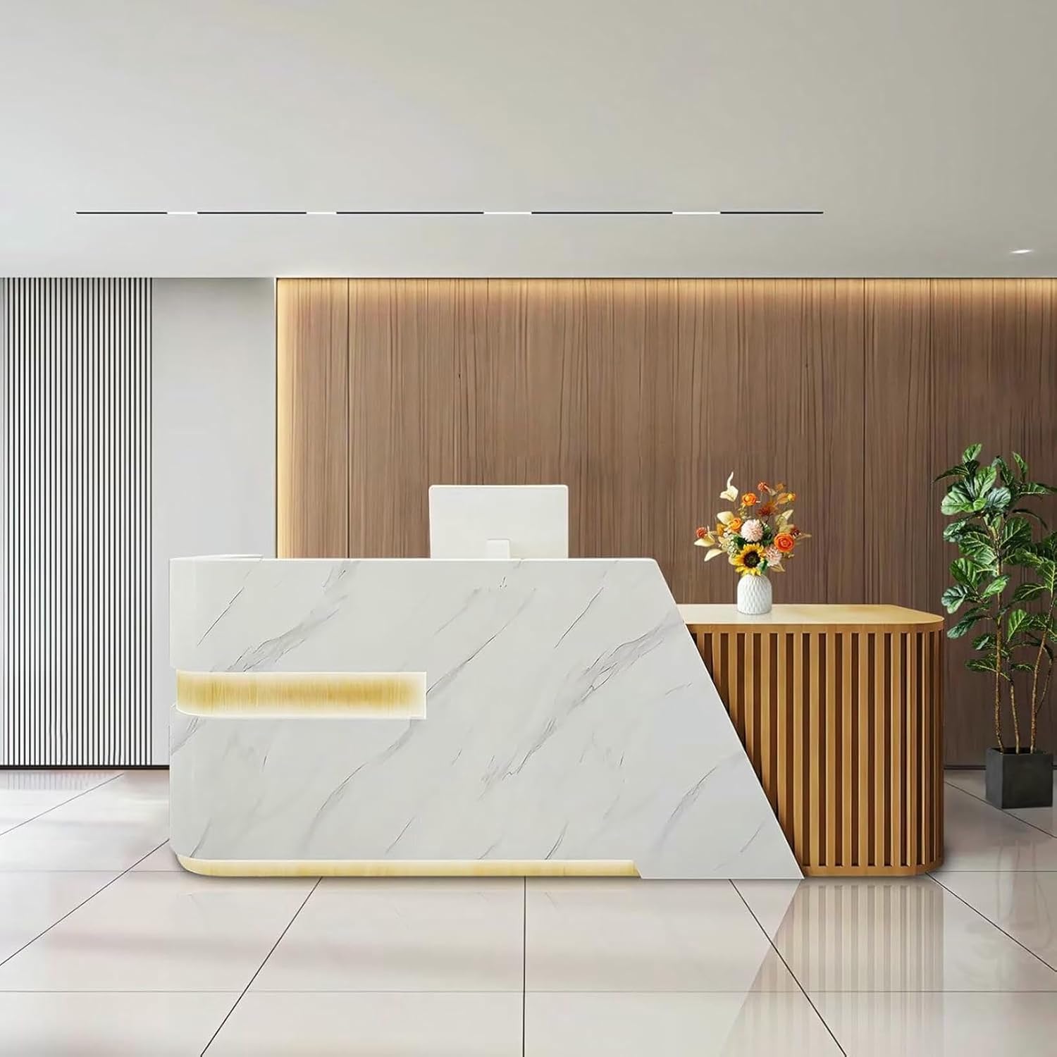 Front Reception Counter Desk Modern Reception Room Table Retail Counter Checkout Table Receptionist Desk for Lobby Salon Shop Office No Assembly Required Wood White Texture Right