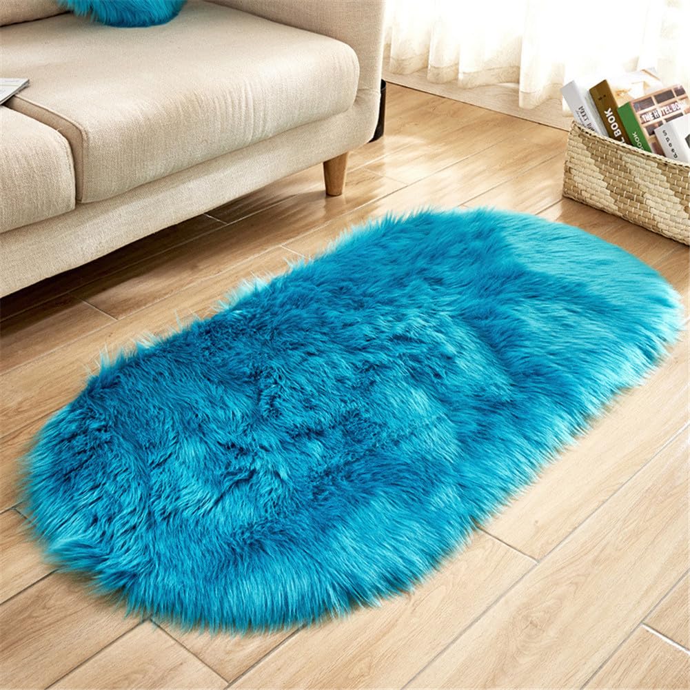 Treer Soft Rugs Living Room Anti Slip Area Rugs for Bedroom Modern Oval-shaped Shaggy Thick Pile Rug Fluffy Floor Carpets Washable Mat Bedside Rugs for Kids Room (Navy blue,50x80cm)