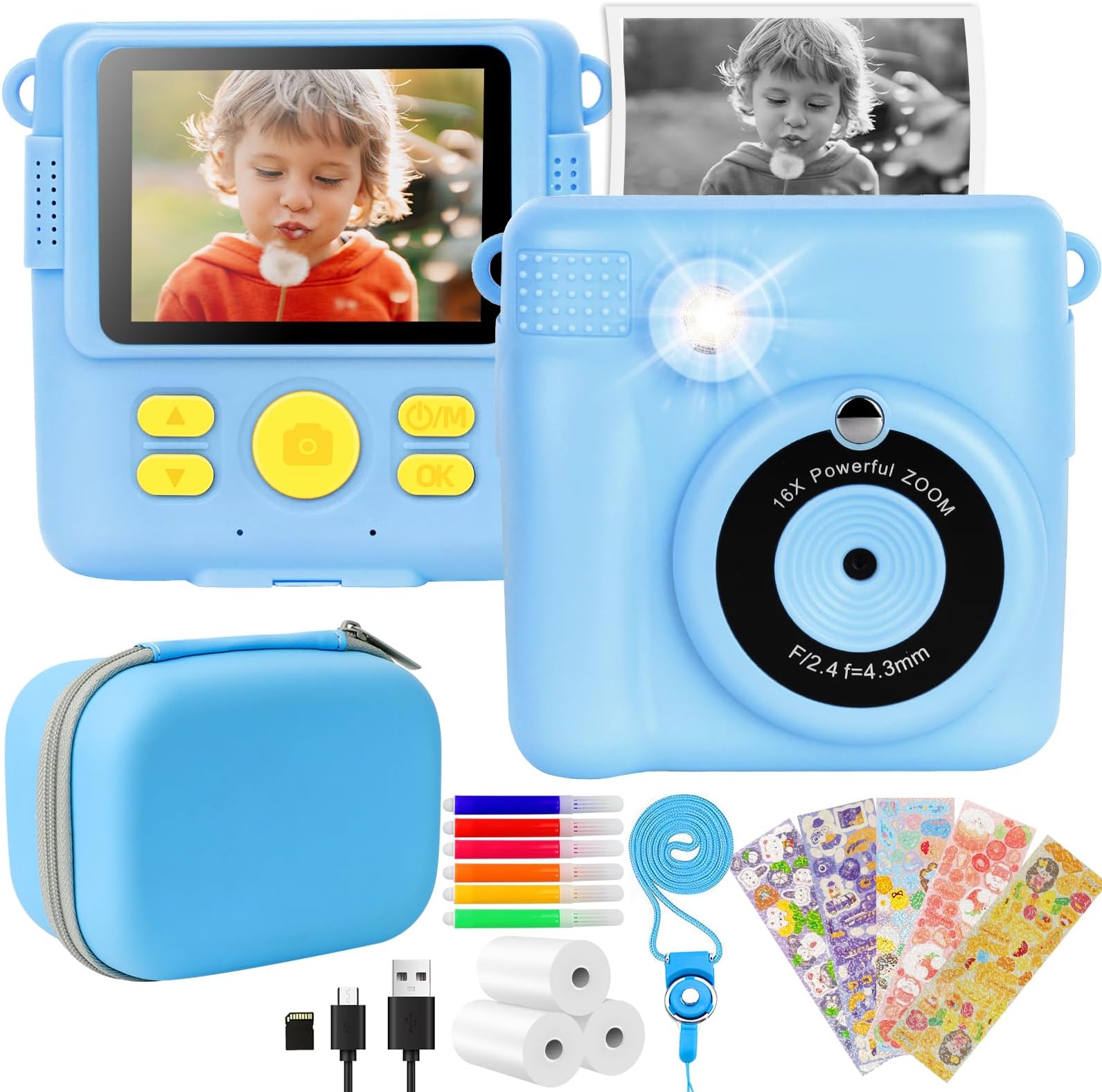 aquota Kids Camera - Instant Print Camera for Kids, Kids camera Instant Print for Girls Boys 3-12, Digital Video Cameras for Toddler, 16x Digital Zoom, 2.4" Screen, 32GB SD Card (Blue)