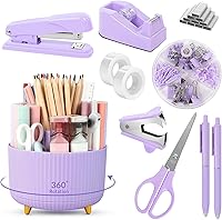 SKYDUE Purple 10PCS Office Desk Supplies Set: Rotating Pencil Holder, Stapler, Tape Dispenser, Scissors, Ruler & Clips