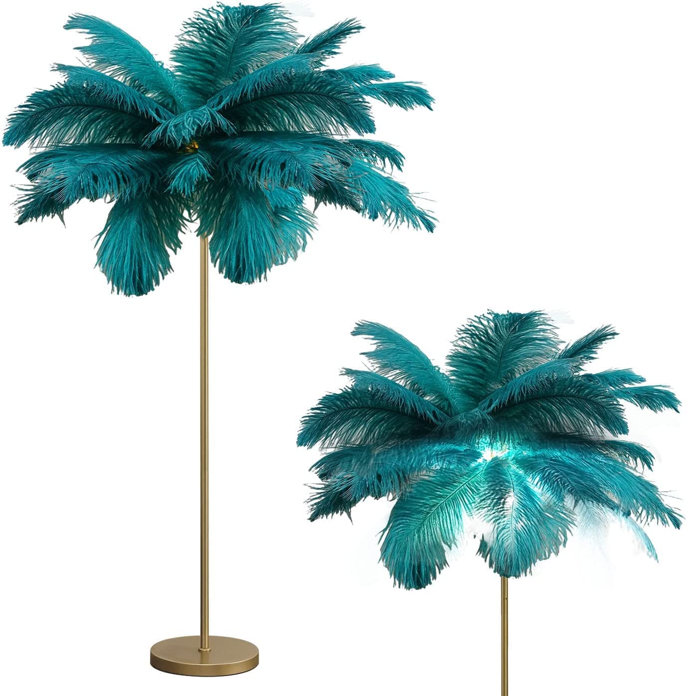 Lampada da Terra/in Piuma di Struzzo Naturale piantana per Arredamento Camera Letto Ragazza, Luce Terra con Finitura Oro, Luce d'atmosfera 3 Temperature Colore con Interruttore Pedale (Blu)