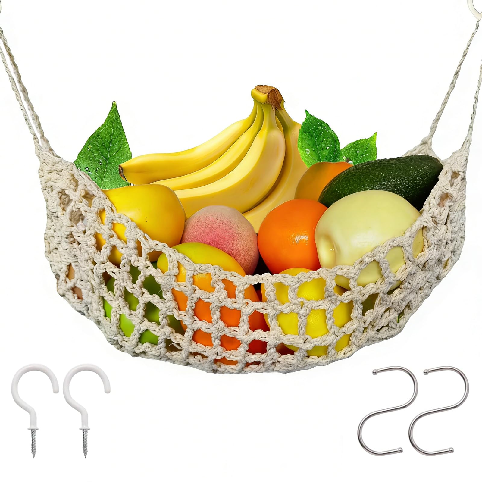 Ulifebetter Beige Hanging Fruit Hammock Under Cabinet, 12.8×16In Macrame Fruit Baskets Hanging Fruit Basket With 4 Hooks Fruit Net Hanging Storage Veggie Hanger Basket For Kitchen Home Boat Rv(Beige)