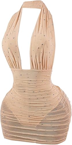 SOLY HUX Women's Deep V Neck Sparkly Bodycon Mini Dress Halter Backless Party Cl