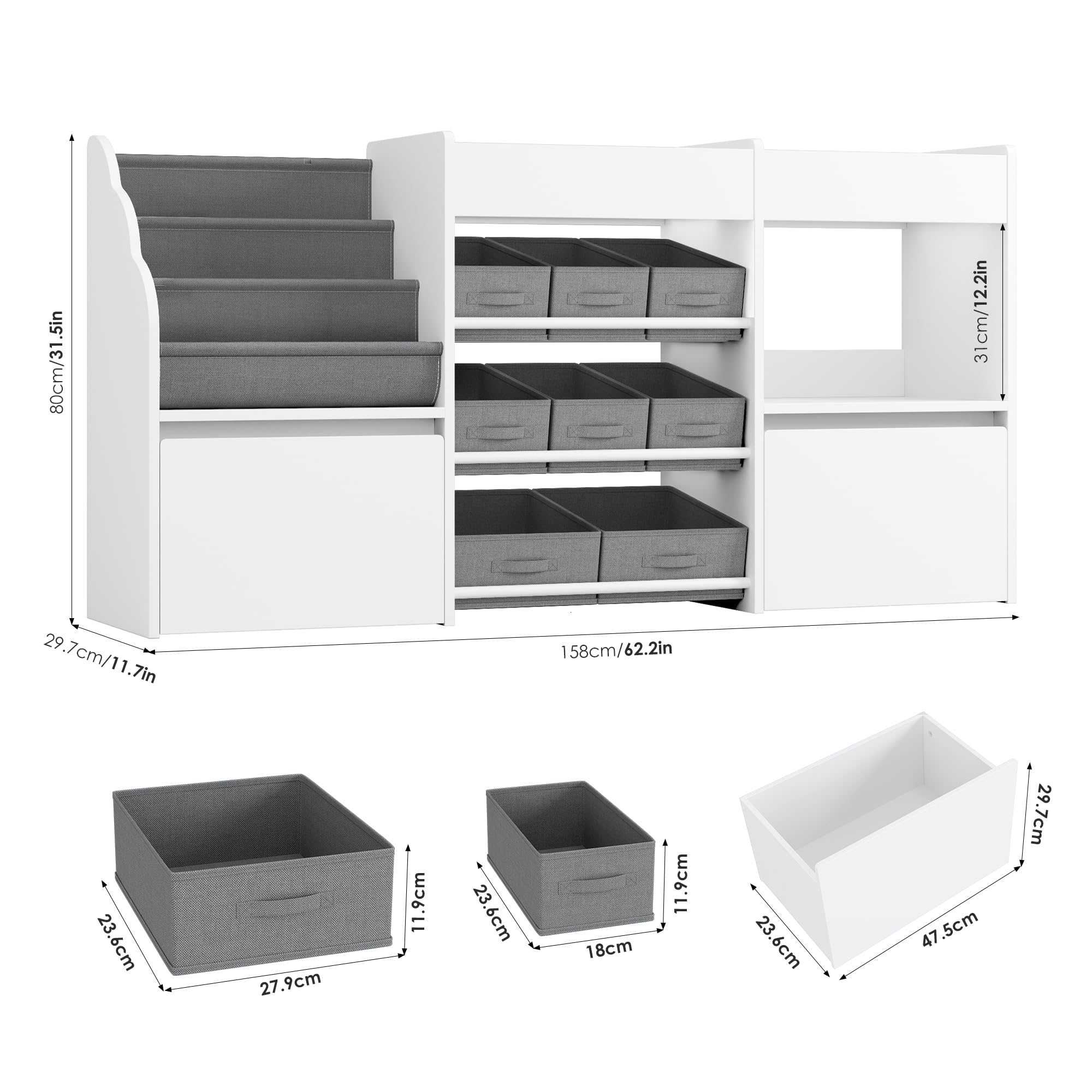 HOCSOK Meuble de Rangement Enfant Rangement Jouet Enfant avec Étagères 2 Tiroirs Roulants Bibliothèque pour Chambre d’Enfant, Blanc, 158x80x29.7cm