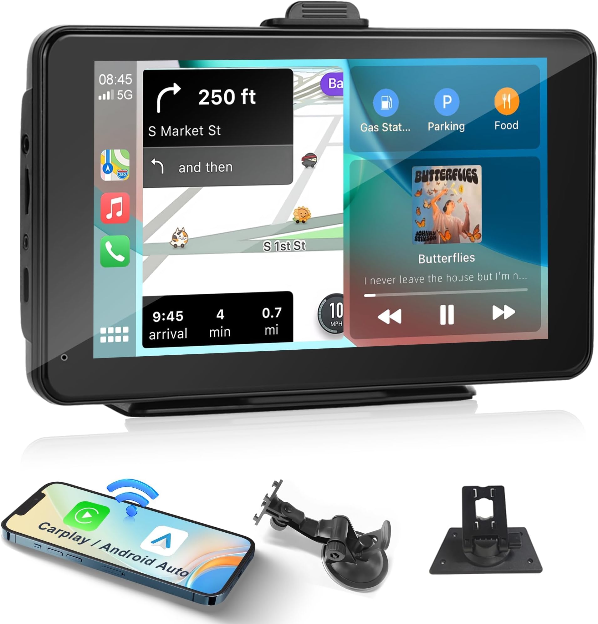 BIGTHREE Car Stereo Wireless Apple Carplay Android Auto, Portable 7 Inch IPS Touchscreen Radio Carplay Screen in Dash Navigation Unit with Bluetooth, Mirror Link, Voice Control, FM/AUX Cable