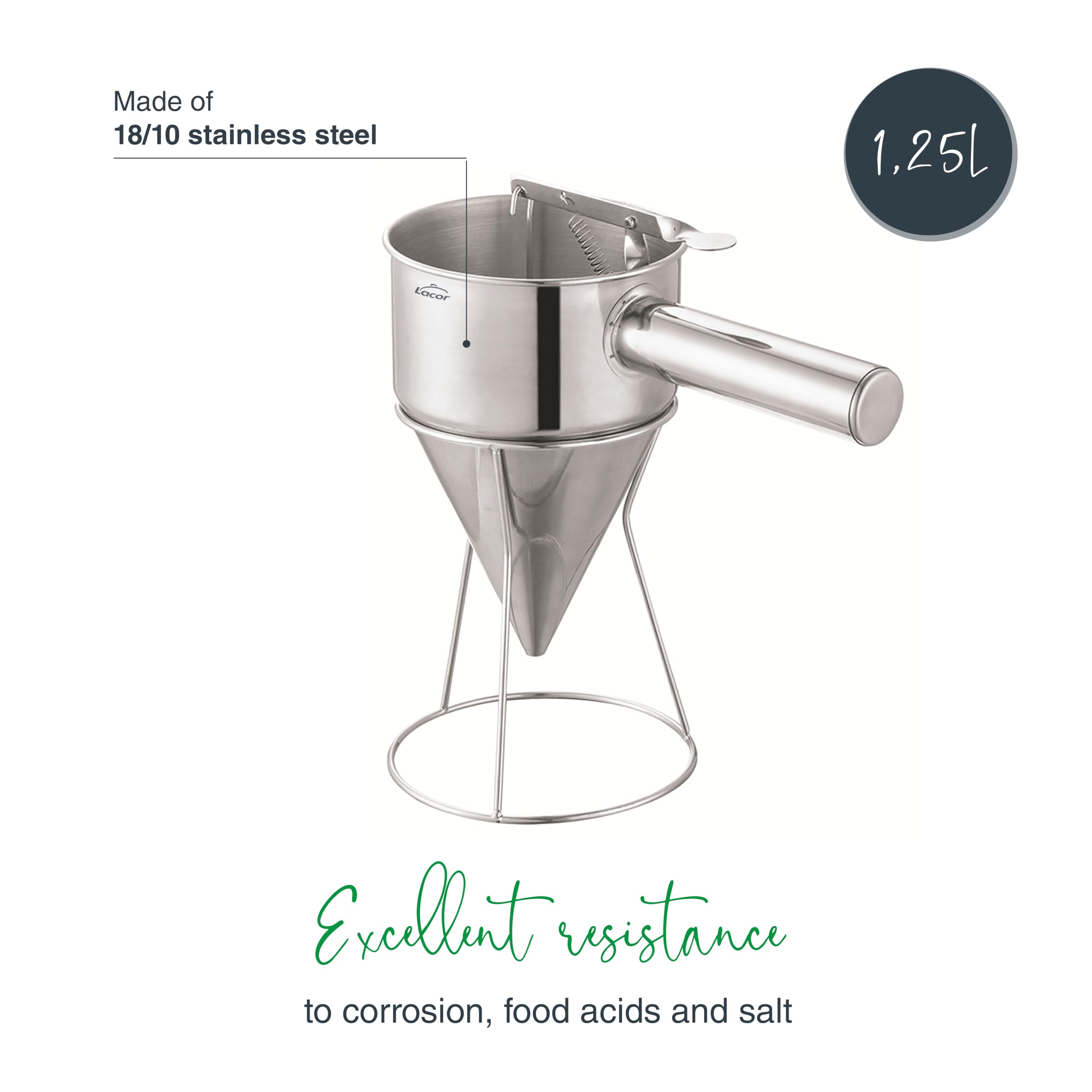 Lacor - 67151 - Dosiertrichter, ideal zum Befüllen oder Dekorieren, Edelstahl 18/10, ergonomischer Griff, 8 mm Auslaufdüse, 1.25 Liter Fassungsvermögen, spülmaschinenfest, inklusive Ständer