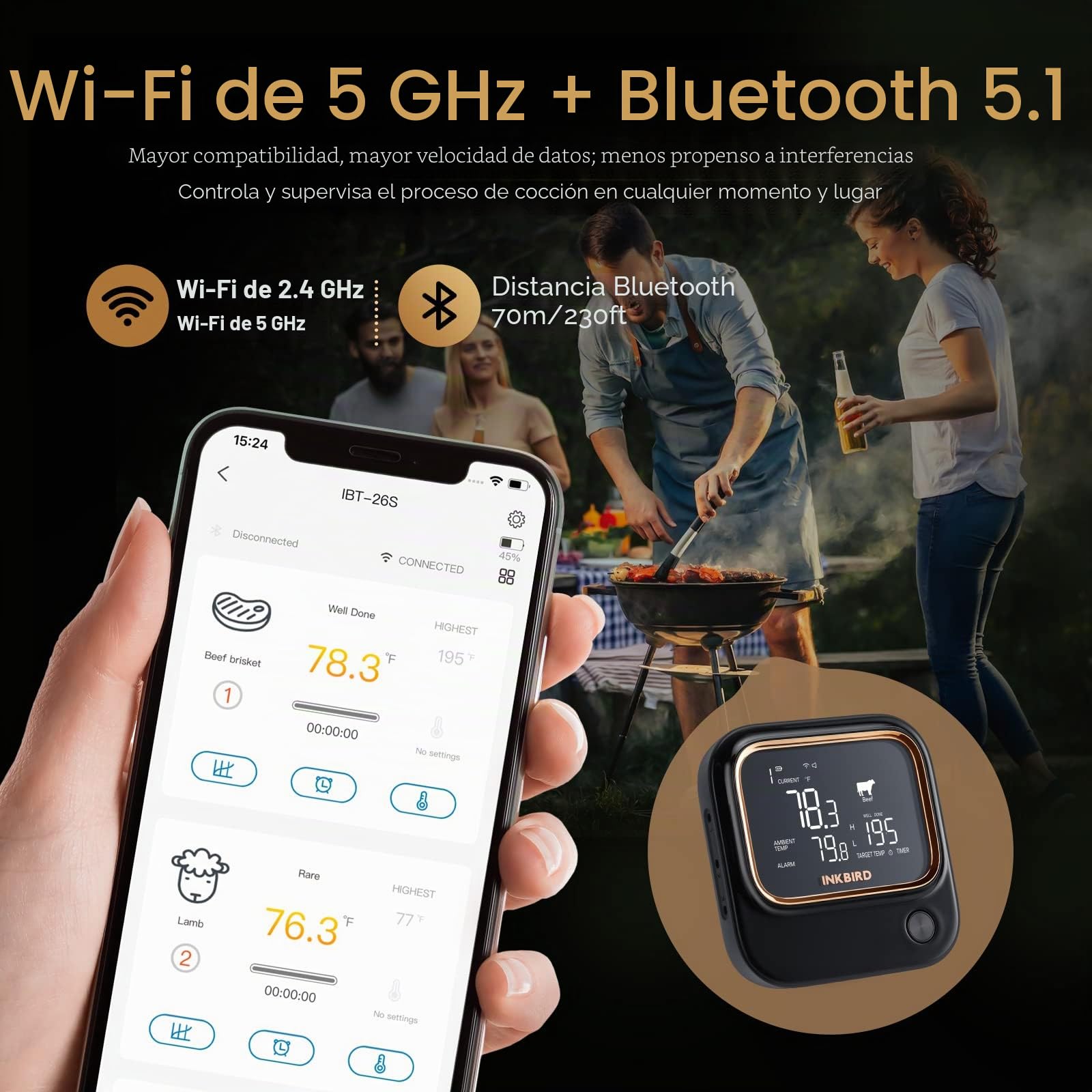 Inkbird IBT-26S - Termómetro Carne, Termómetro Cocina de Bluetooth 5.1 Señal de 70 m y WiFi 5 G, con 4 Sensores de Temperatura, Soporte Magnético, Recargable por USB, Termómetro para Barbacoa