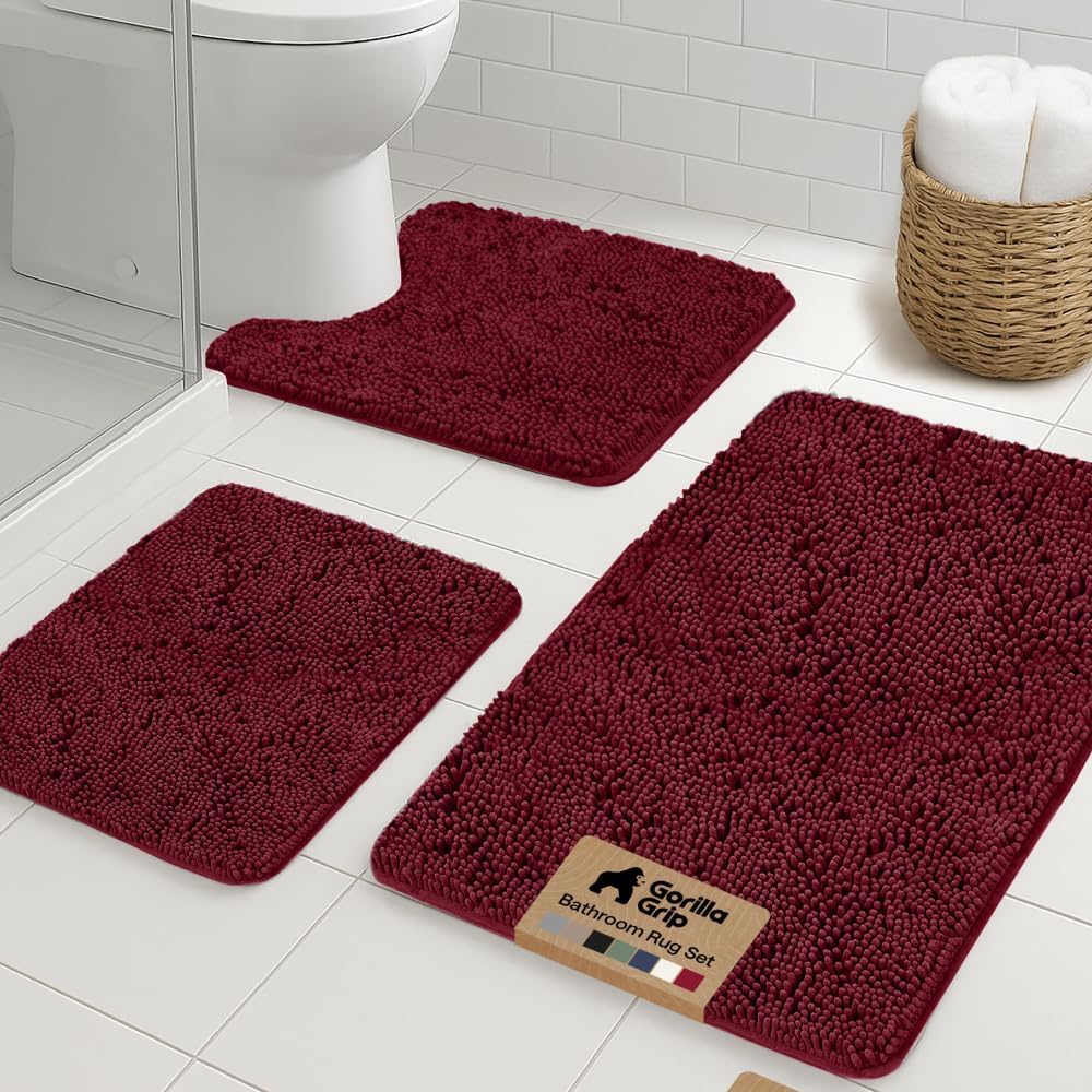 GORILLA GRIP Bathroom Rug Sets 3 Piece, Bath Mat Set and Oval Toilet Base with Rubber Backing, Plush Absorbent Shaggy Chenille Washable Mats, Includes 24x19.5, 24x17 and 30x20 Inch Rugs, Red